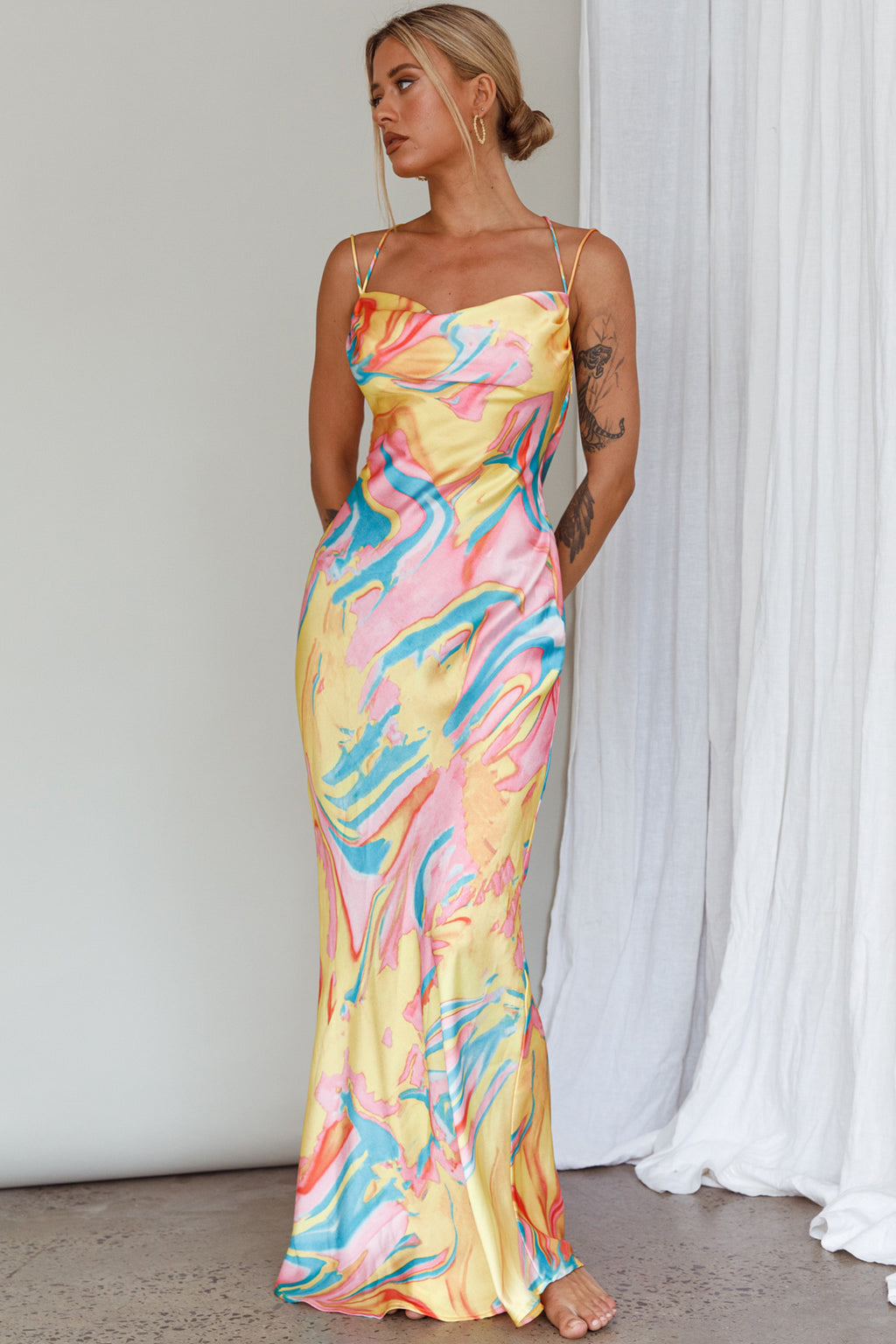 Moment With You Ruched Bust Midi Dress Swirl Yellow/Green by Selfie Leslie Australia