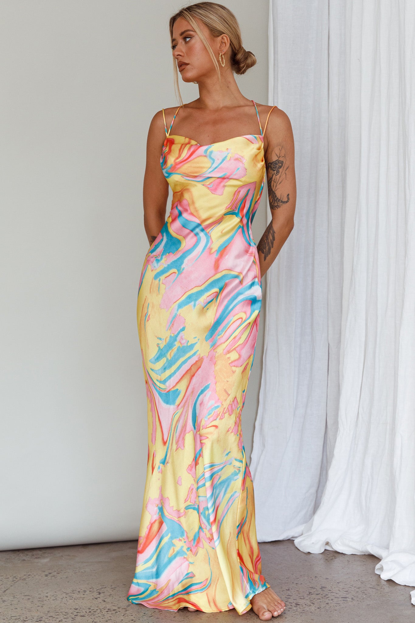 Moment With You Ruched Bust Midi Dress Swirl Yellow/Green by Selfie Leslie Australia