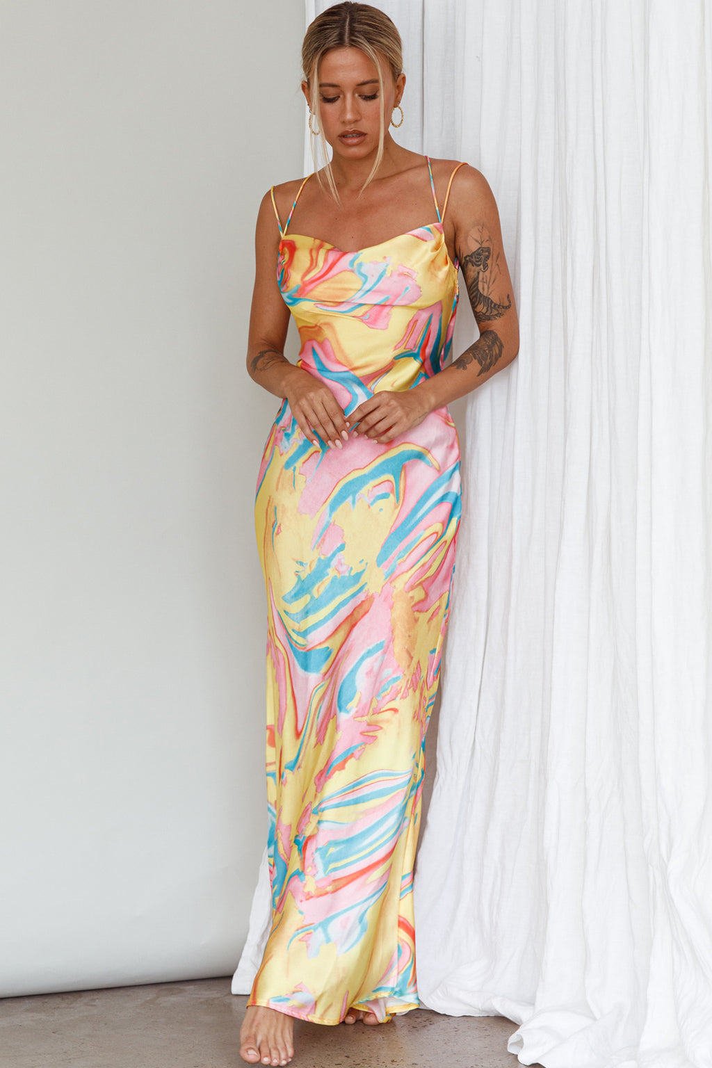 Moment With You Ruched Bust Midi Dress Swirl Yellow/Green by Selfie Leslie Australia