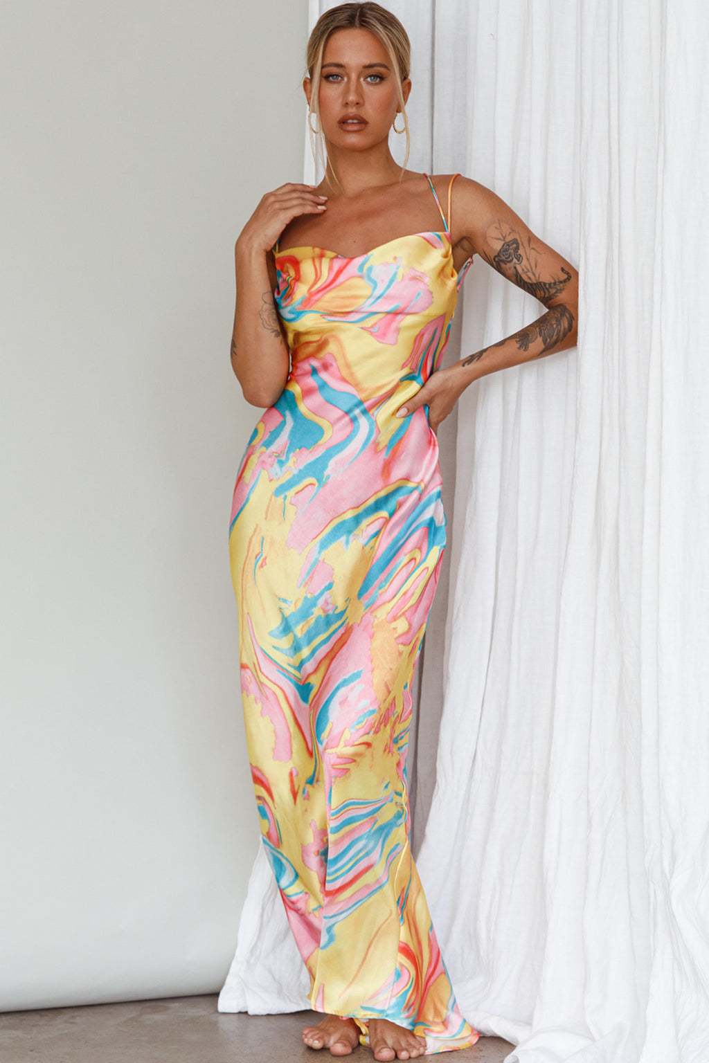Moment With You Ruched Bust Midi Dress Swirl Yellow/Green by Selfie Leslie Australia