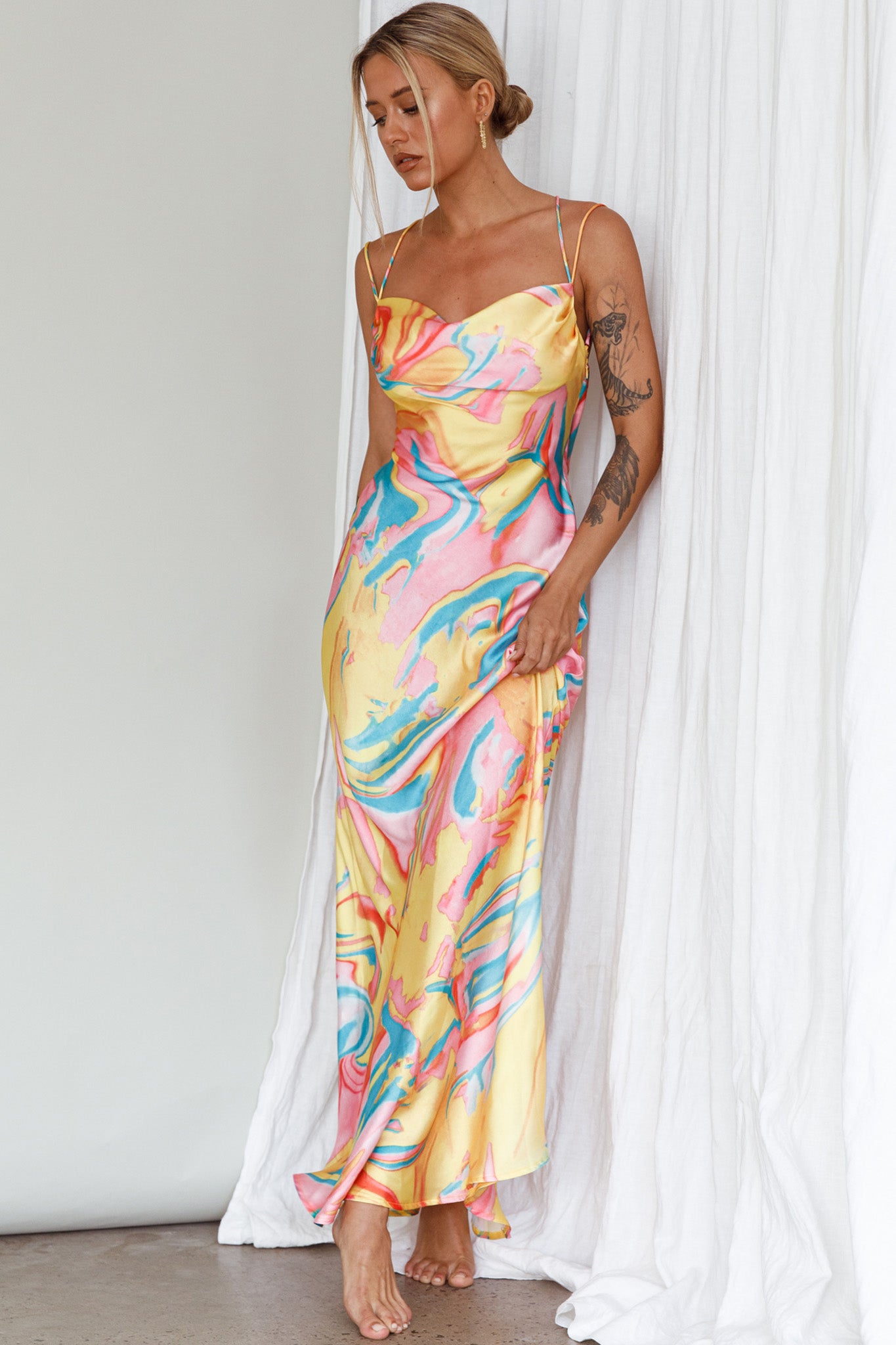 Moment With You Ruched Bust Midi Dress Swirl Yellow/Green by Selfie Leslie Australia