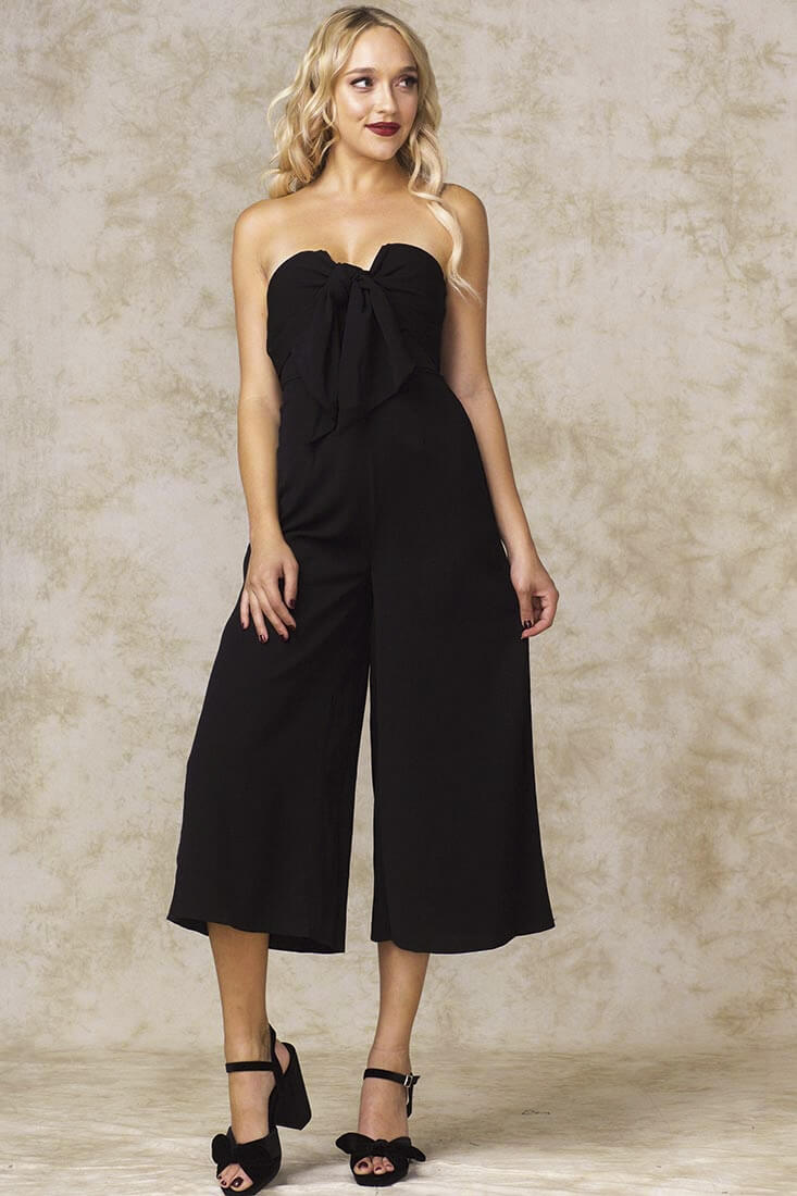 Khloe Bow Tie Wide Leg Jumpsuit Black by Selfie Leslie
