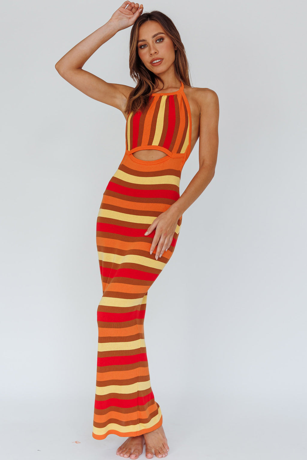 French Riviera Halterneck Knit Maxi Dress Brown/Orange by Selfie Leslie Australia
