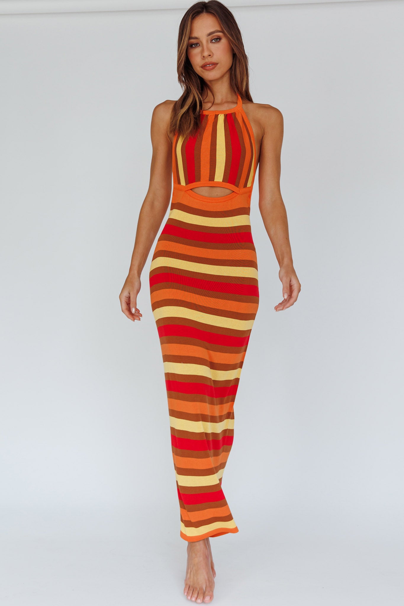 French Riviera Halterneck Knit Maxi Dress Brown/Orange by Selfie Leslie Australia