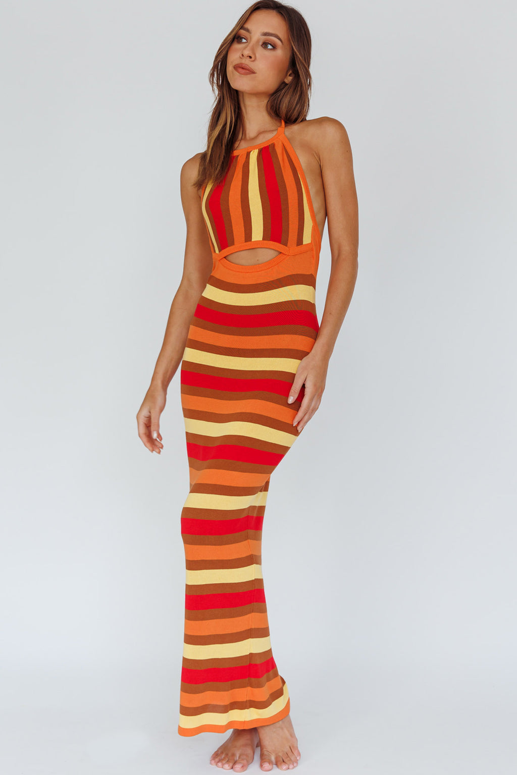 French Riviera Halterneck Knit Maxi Dress Brown/Orange by Selfie Leslie Australia