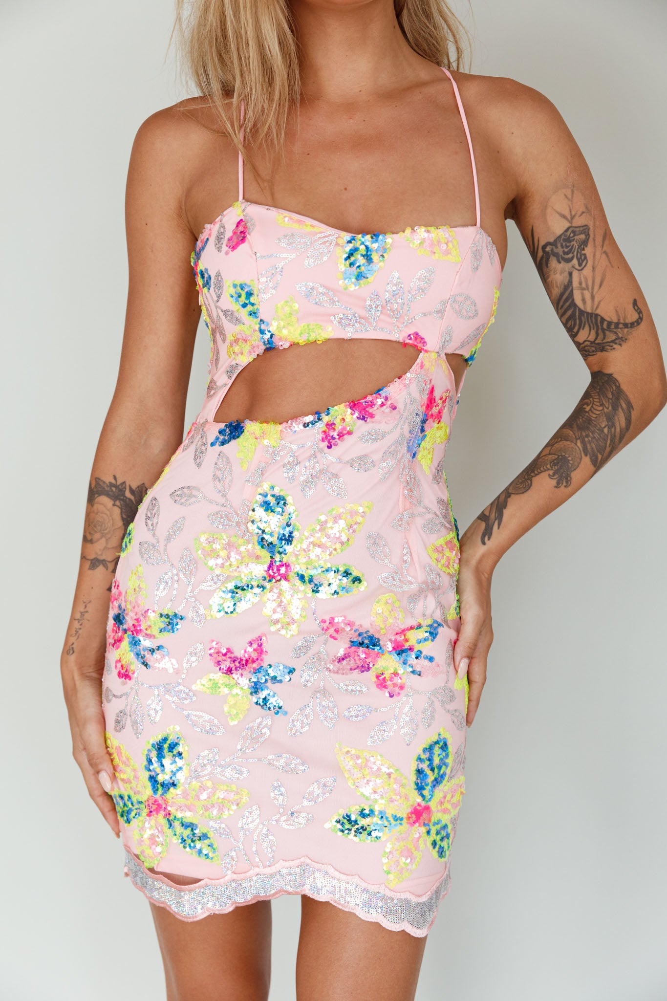 Anu Cut-Out Laced Back Sequin Dress Pink by Selfie Leslie Australia