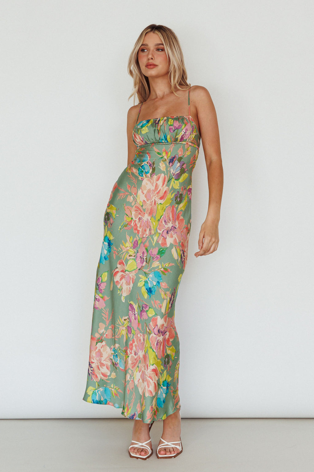 From Above V-Back Midi Dress Floral Green by Selfie Leslie Australia