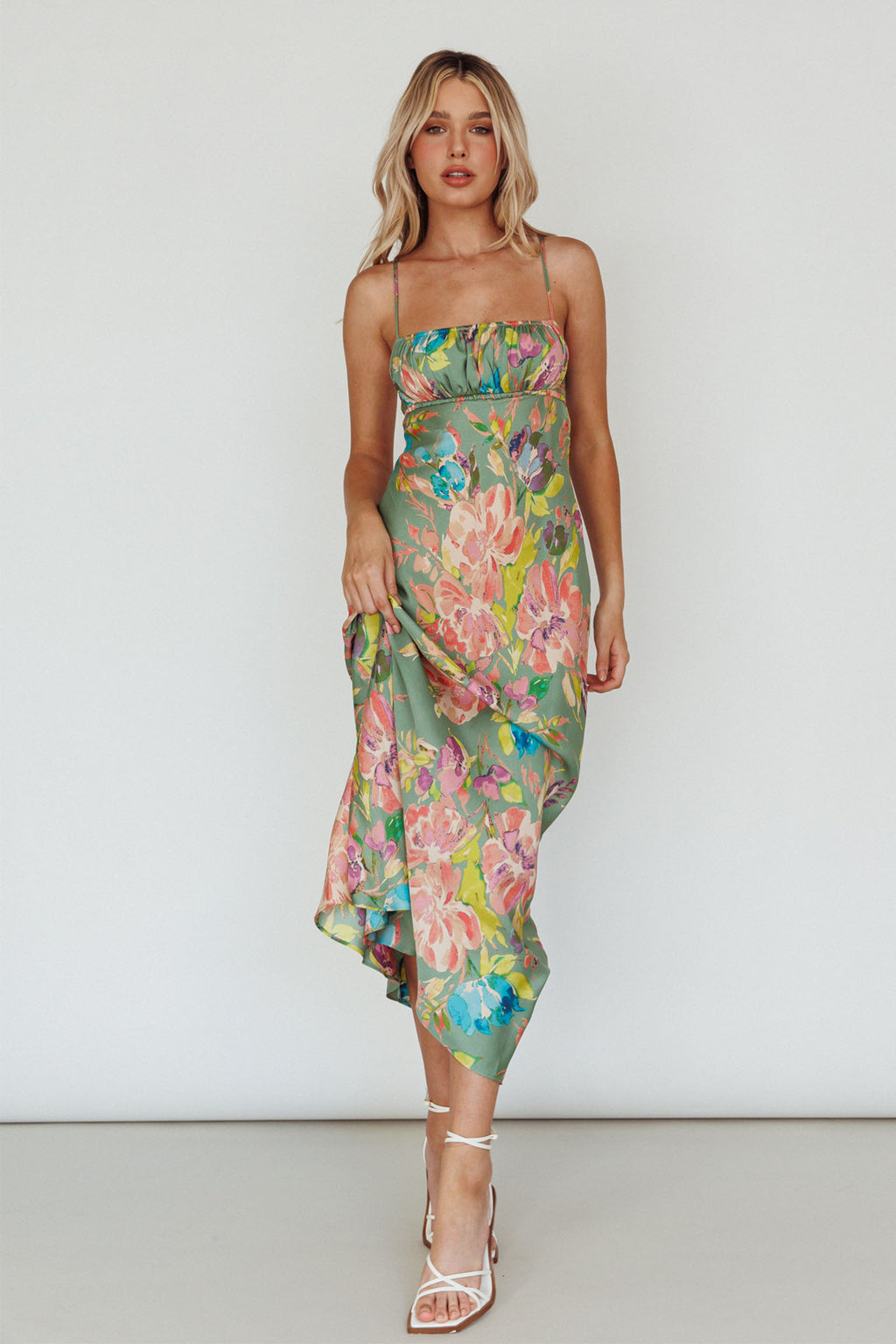 From Above V-Back Midi Dress Floral Green by Selfie Leslie Australia