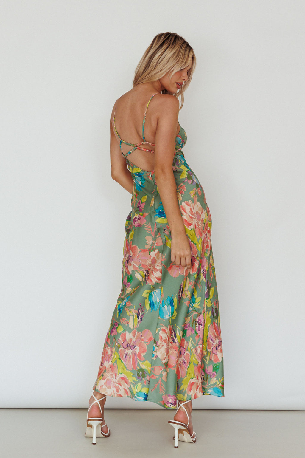 From Above V-Back Midi Dress Floral Green by Selfie Leslie Australia