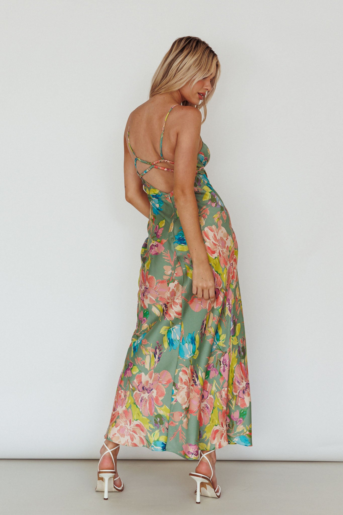 From Above V-Back Midi Dress Floral Green by Selfie Leslie Australia