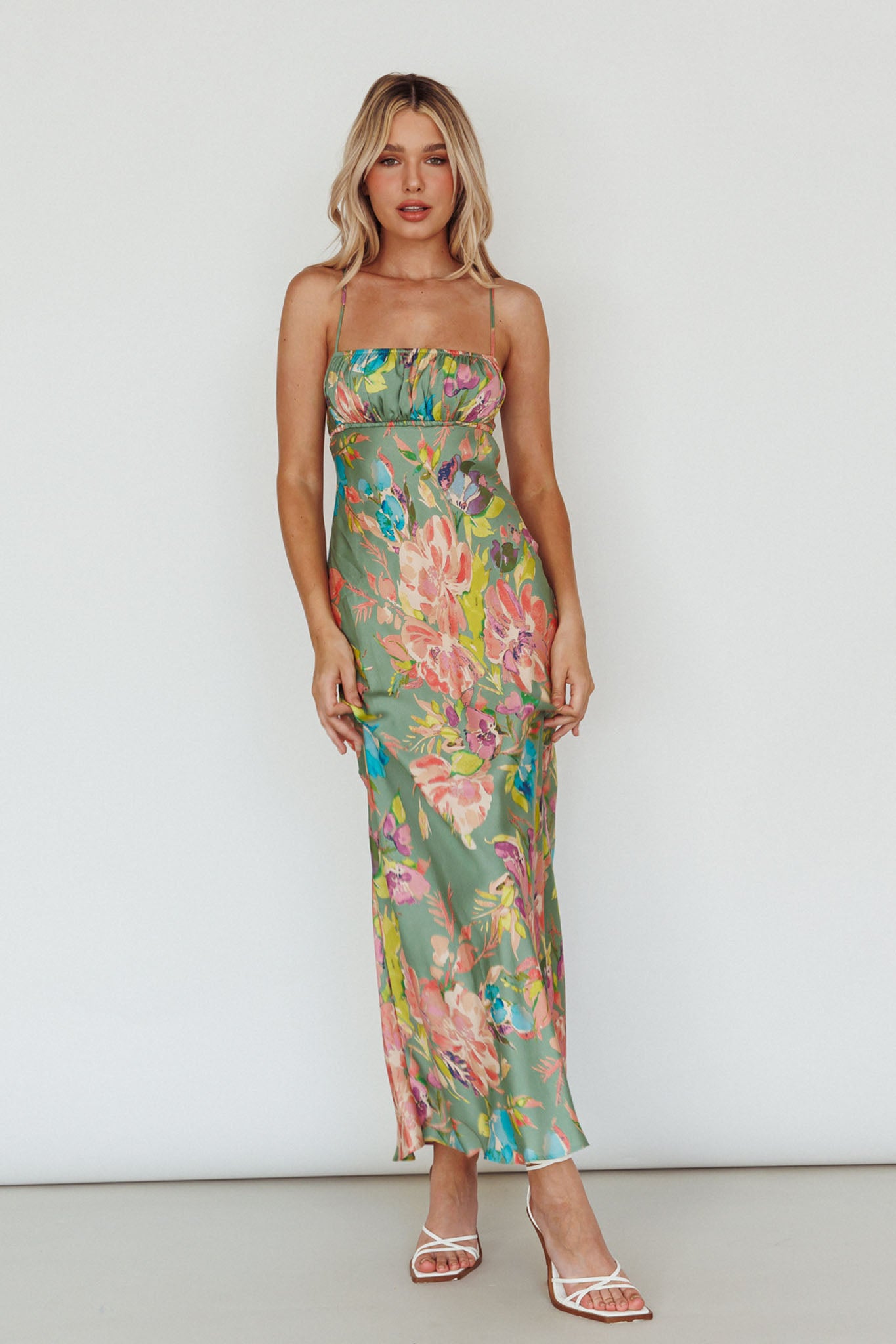 From Above V-Back Midi Dress Floral Green by Selfie Leslie Australia