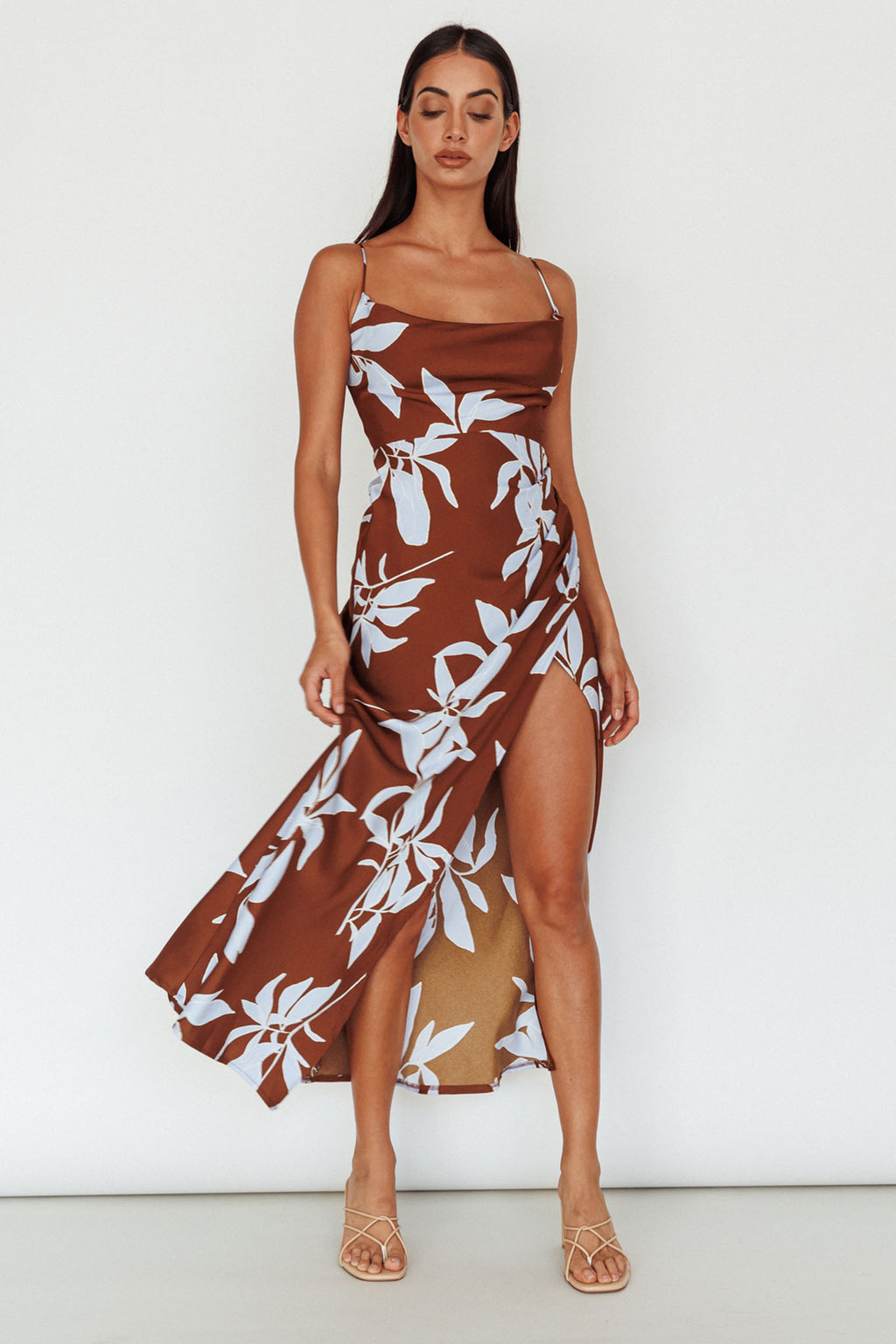Morea Cowl Neck Maxi Dress Floral Brown by Selfie Leslie Australia