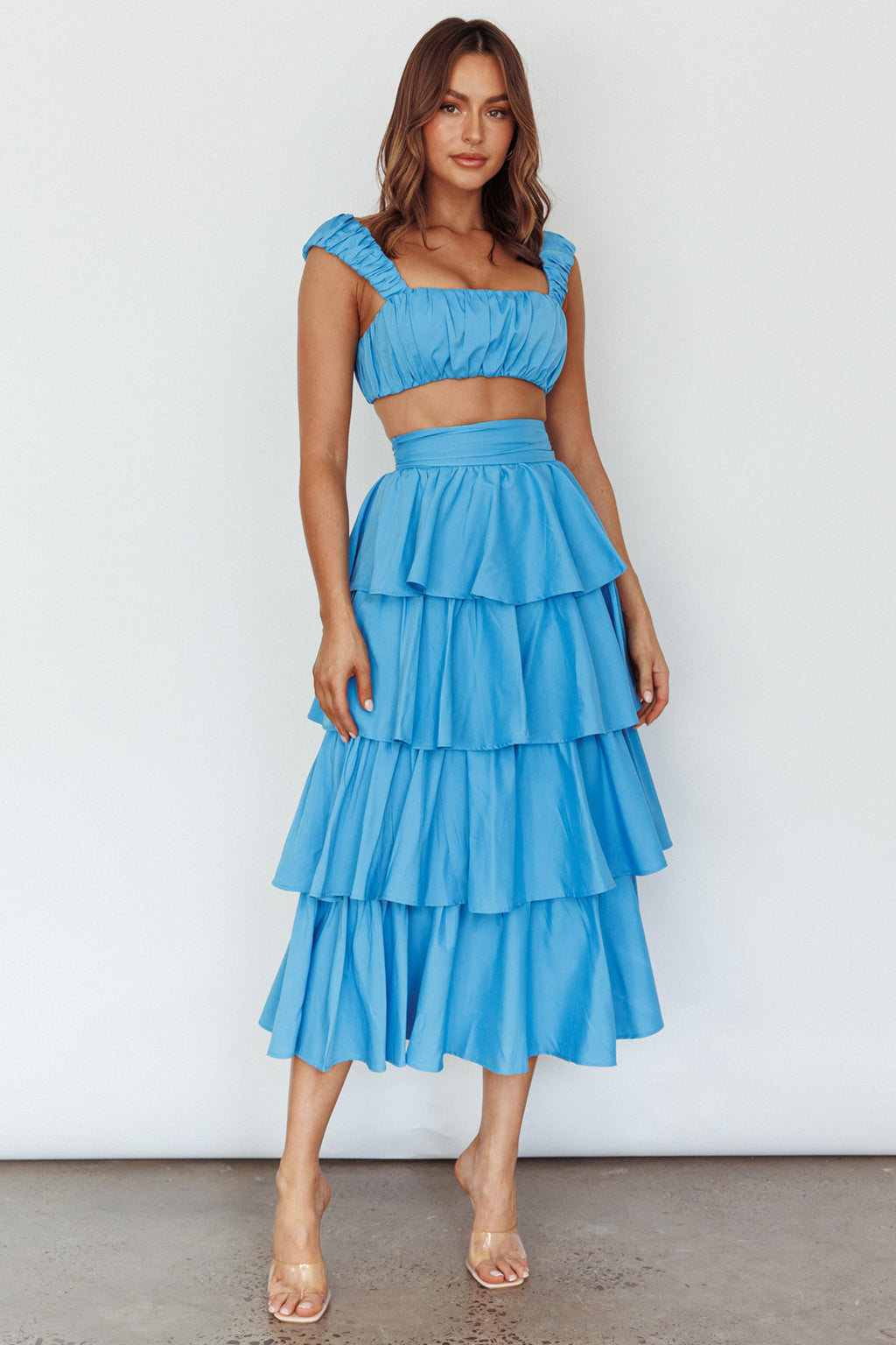Suenito Tiered Frill Maxi Skirt Blue by Selfie Leslie Australia