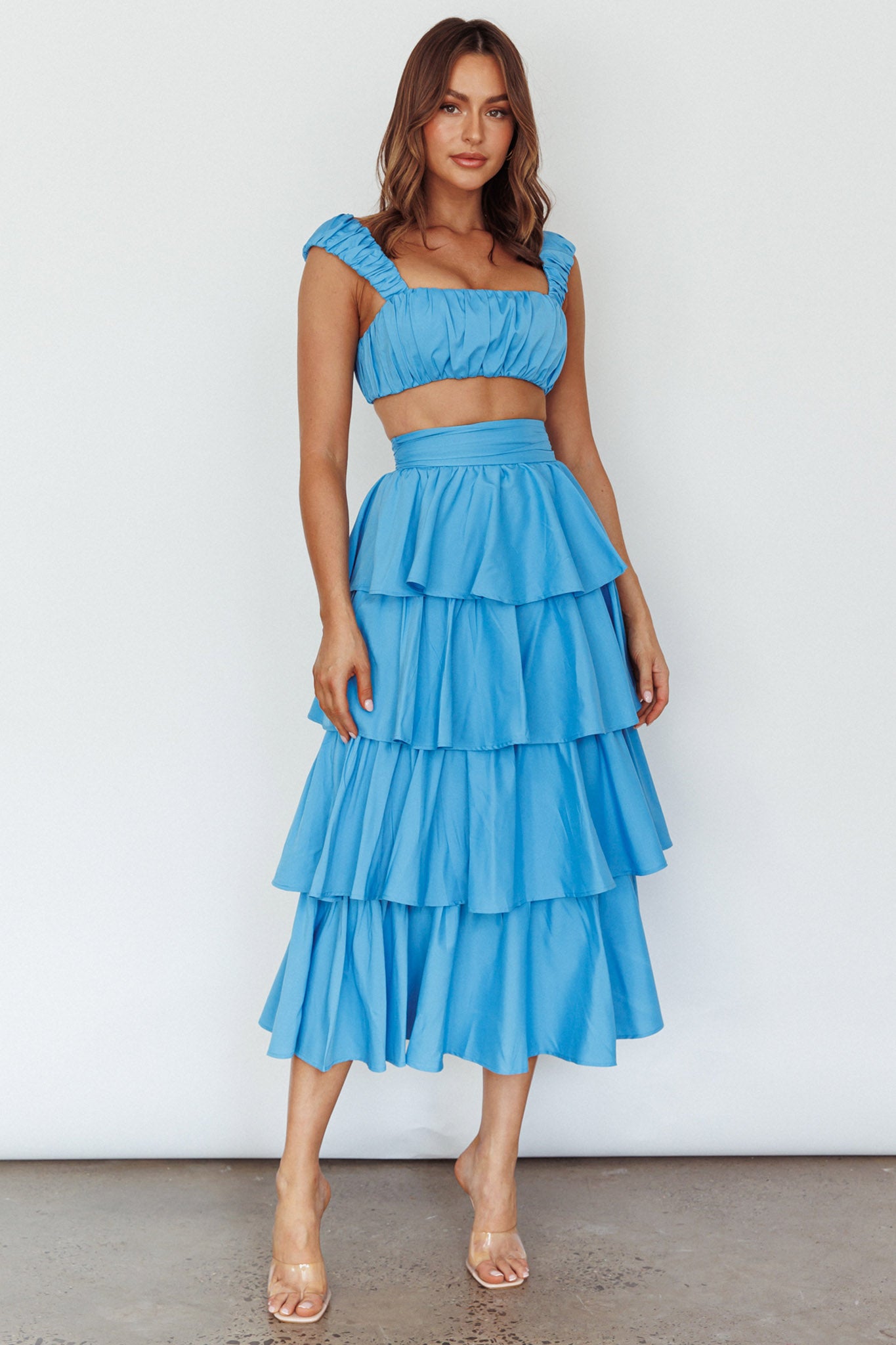 Suenito Tiered Frill Maxi Skirt Blue by Selfie Leslie Australia