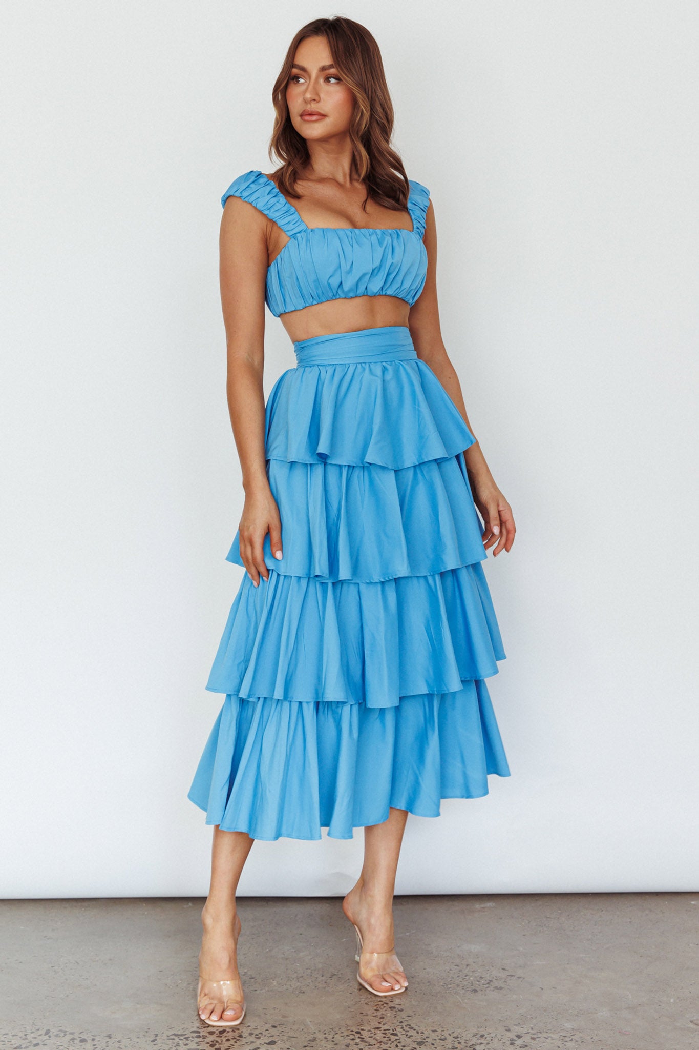 Suenito Tiered Frill Maxi Skirt Blue by Selfie Leslie Australia