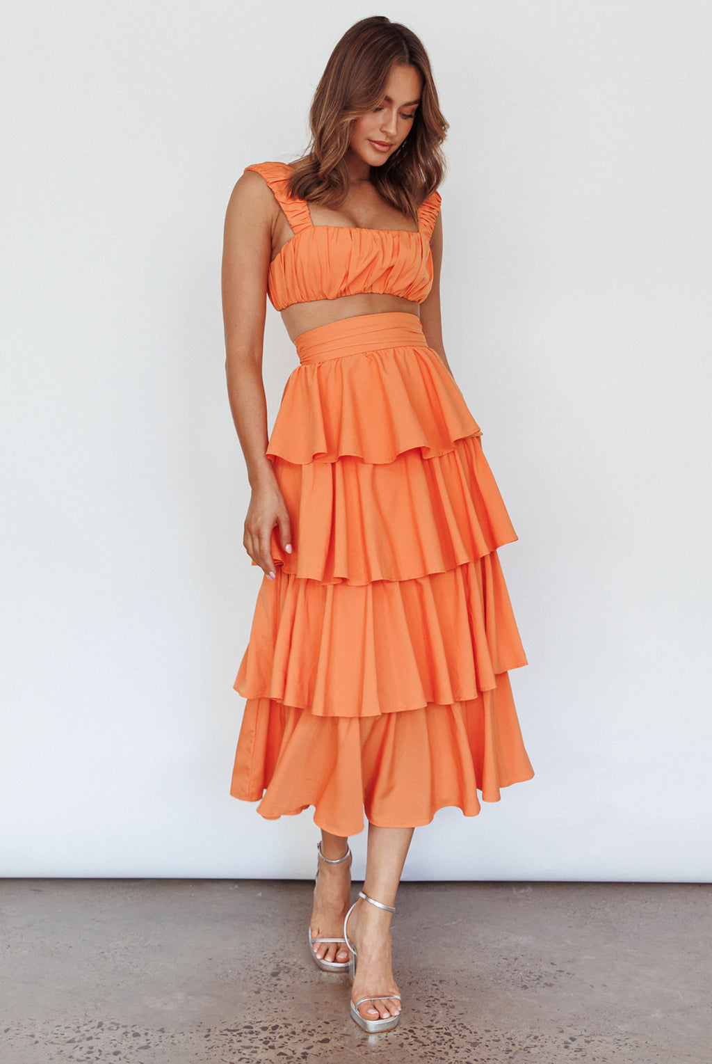 Suenito Tiered Frill Maxi Skirt Orange by Selfie Leslie Australia