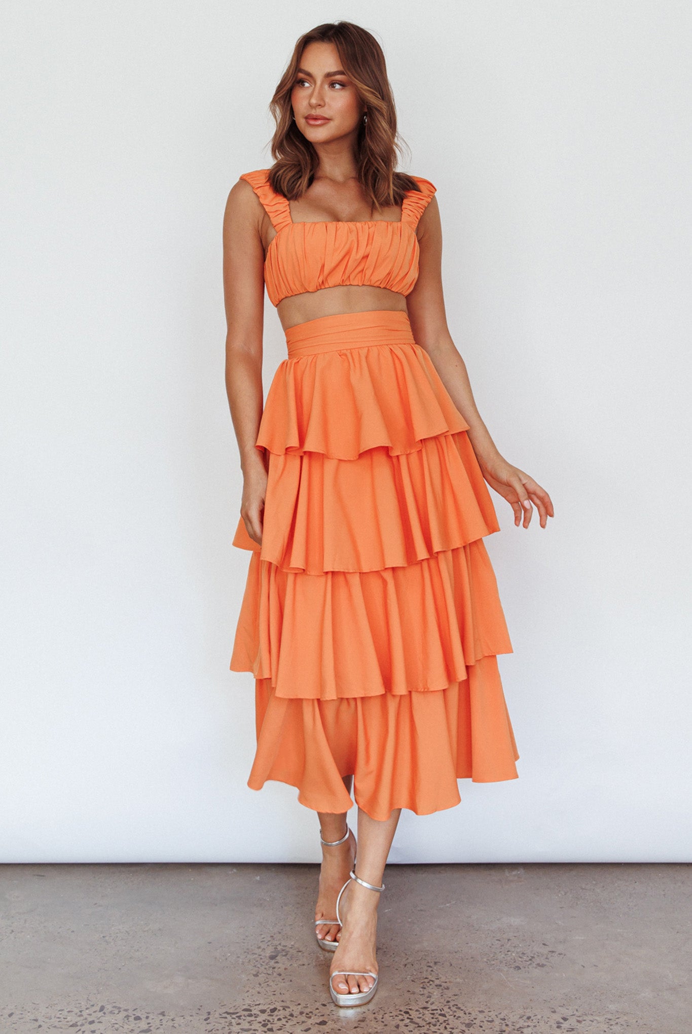 Suenito Tiered Frill Maxi Skirt Orange by Selfie Leslie Australia