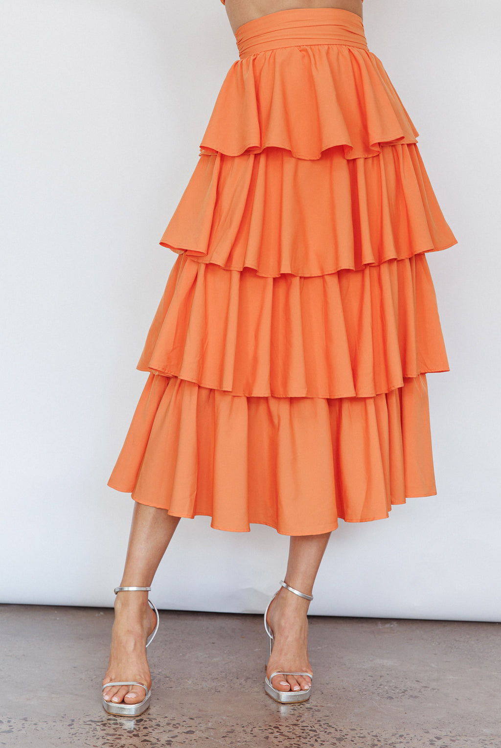 Suenito Tiered Frill Maxi Skirt Orange by Selfie Leslie Australia