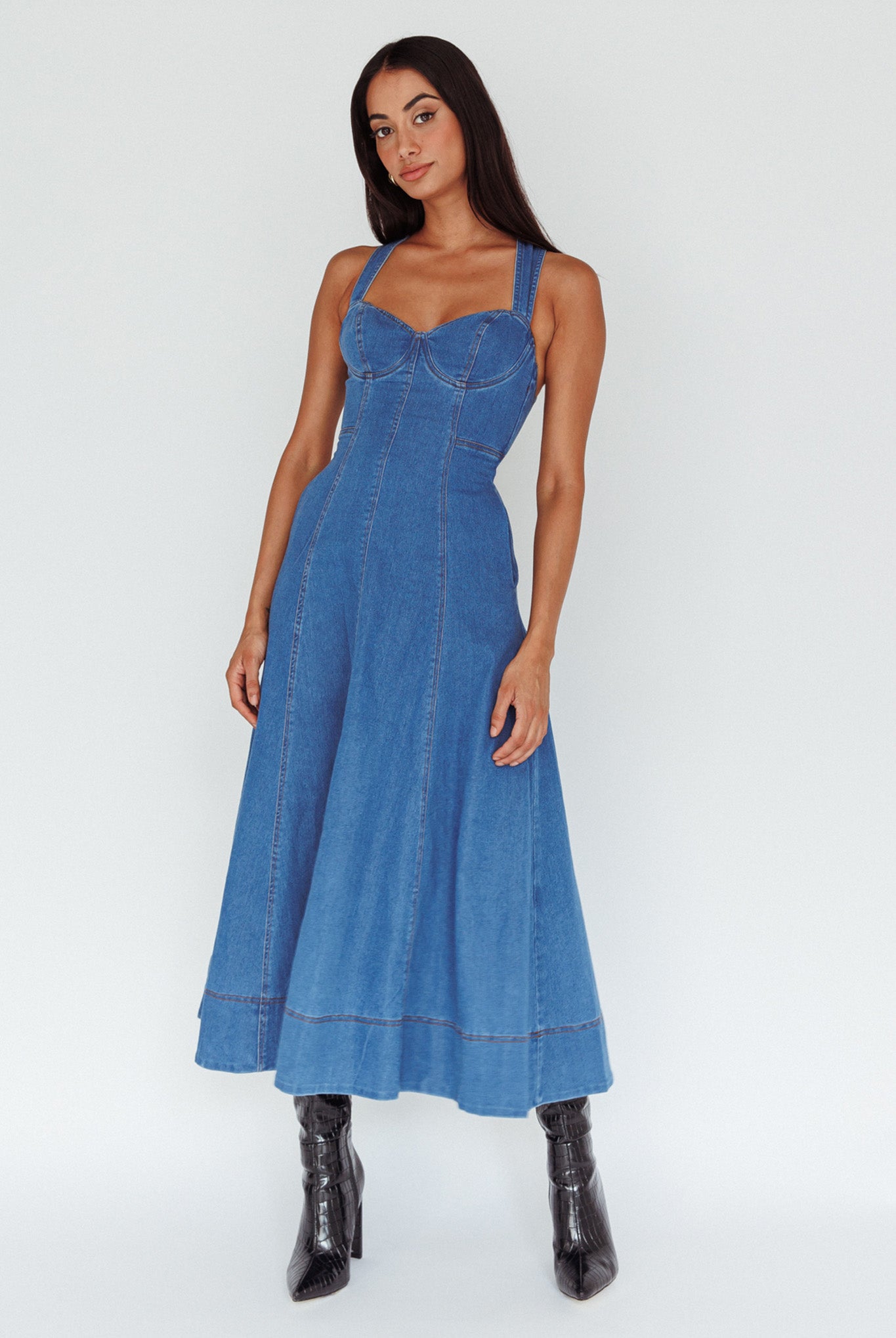 Ellora Criss-Cross Back Denim Maxi Dress Navy by Selfie Leslie Australia