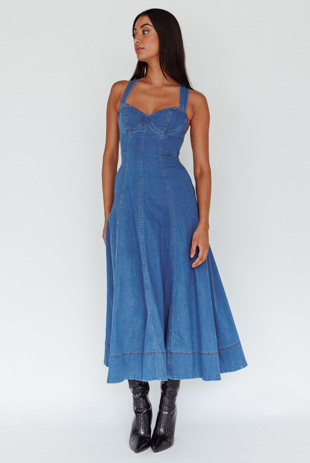 Ellora Criss-Cross Back Denim Maxi Dress Navy by Selfie Leslie Australia