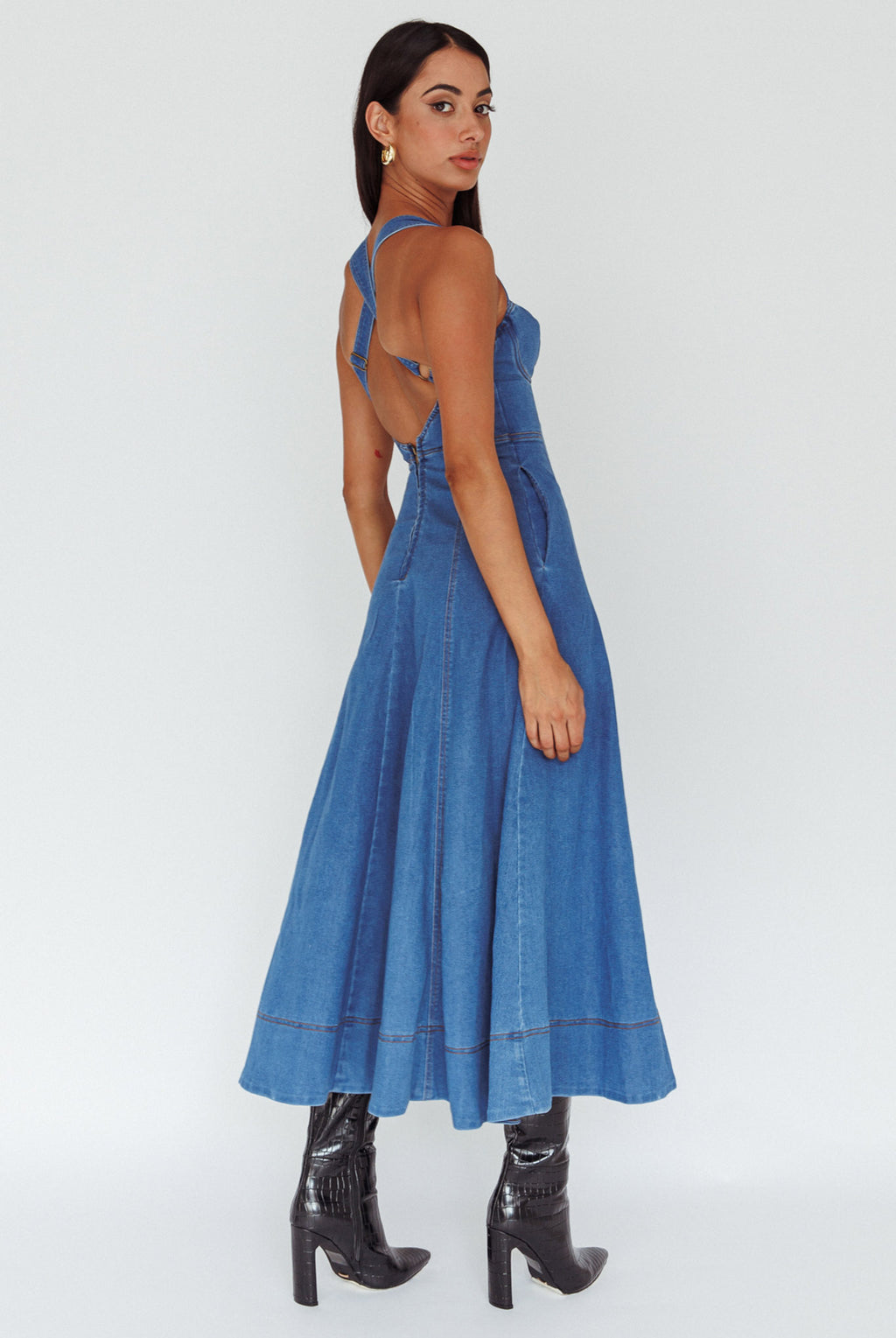 Ellora Criss-Cross Back Denim Maxi Dress Navy by Selfie Leslie Australia