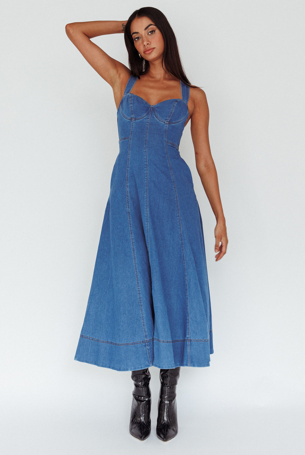 Ellora Criss-Cross Back Denim Maxi Dress Navy by Selfie Leslie Australia