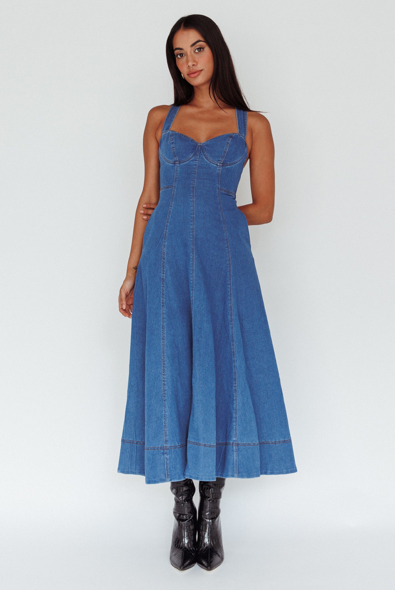 Ellora Criss-Cross Back Denim Maxi Dress Navy by Selfie Leslie Australia