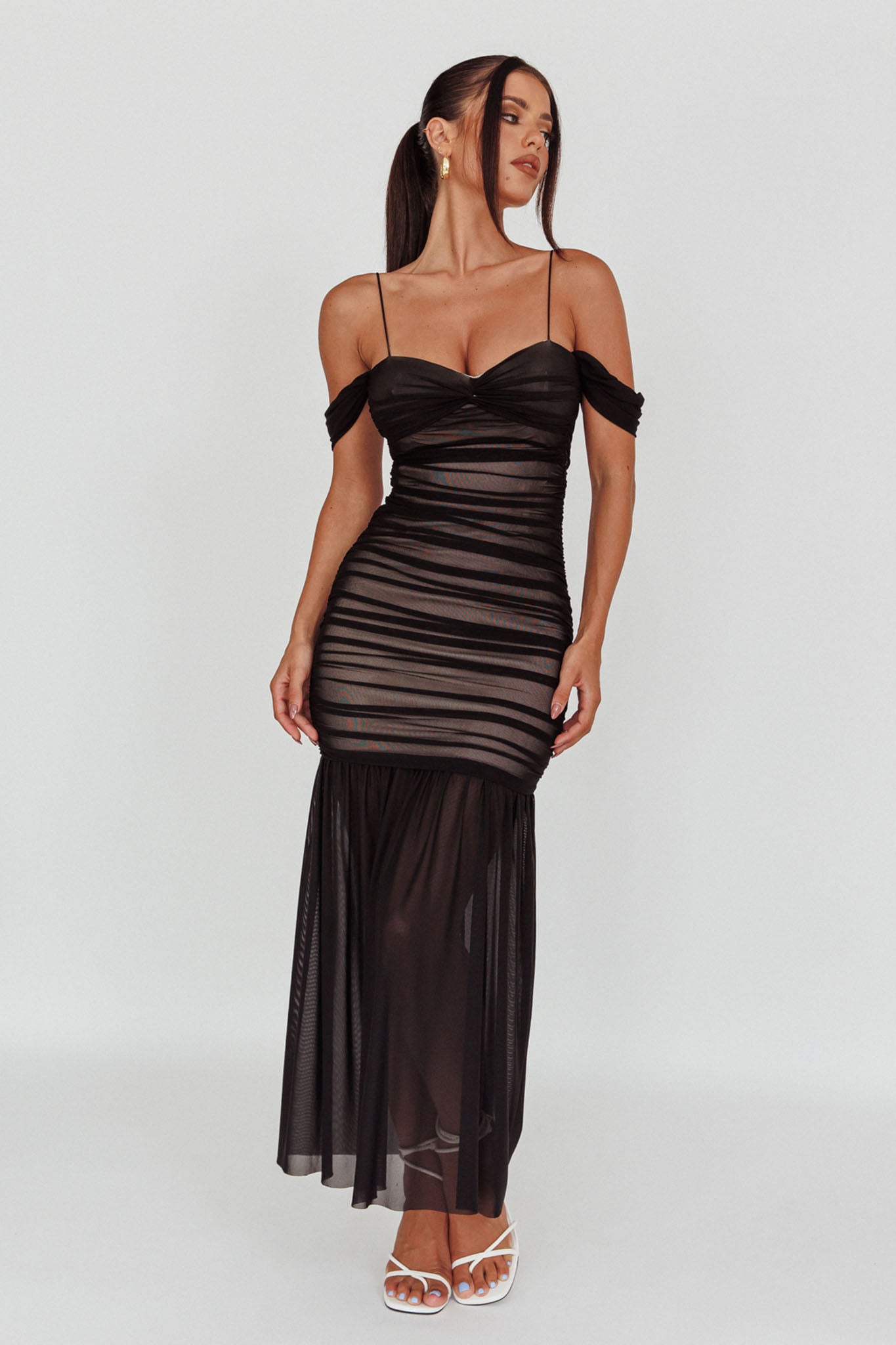 La Salle Ruched Mesh Maxi Dress Black by Selfie Leslie Australia