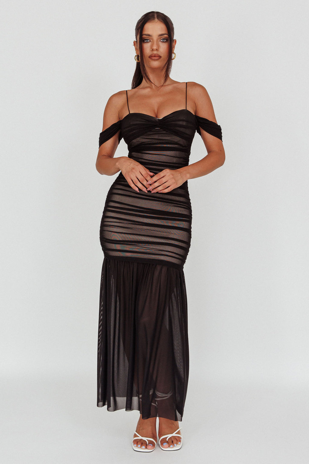 La Salle Ruched Mesh Maxi Dress Black by Selfie Leslie Australia