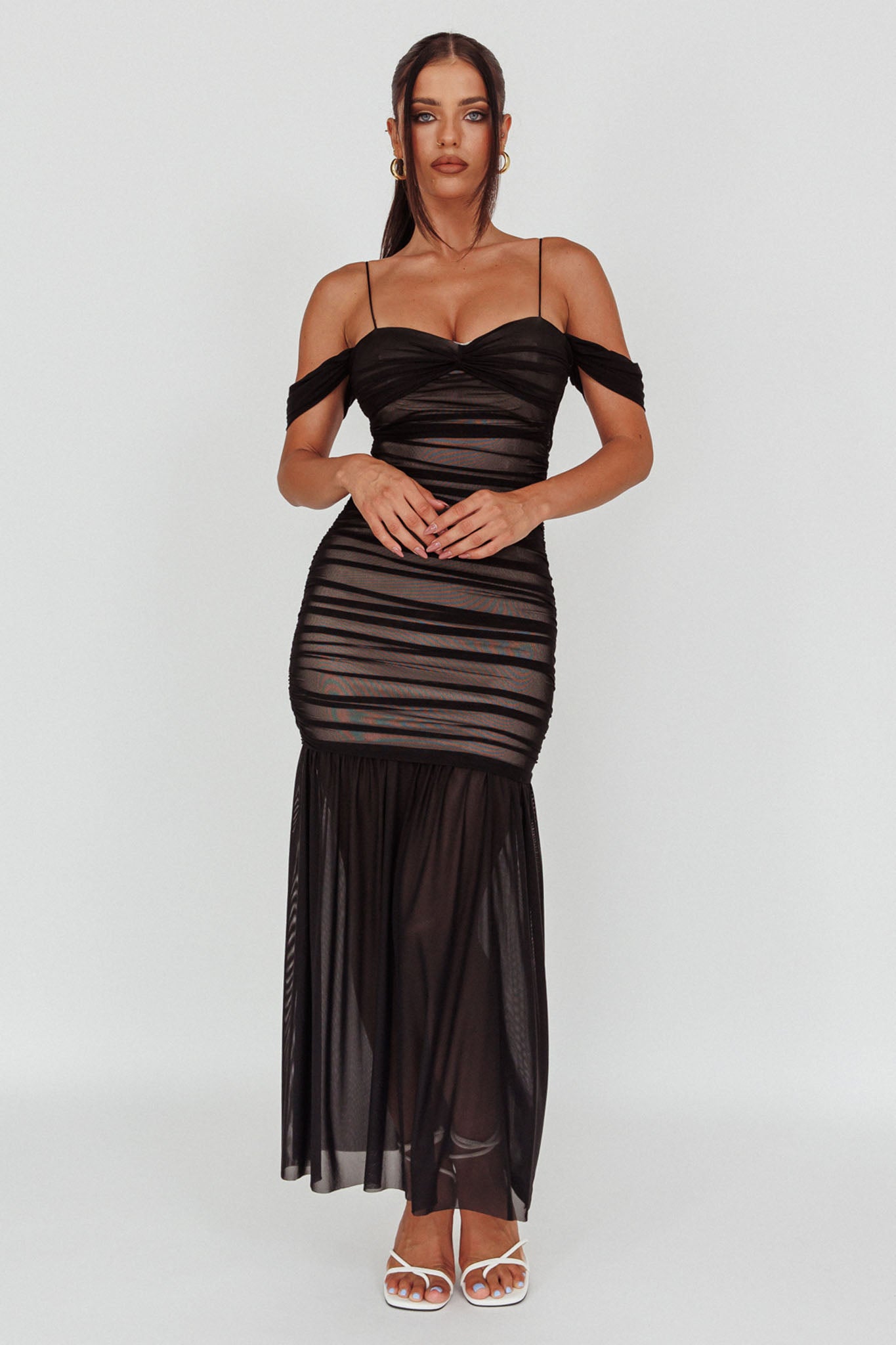 La Salle Ruched Mesh Maxi Dress Black by Selfie Leslie Australia