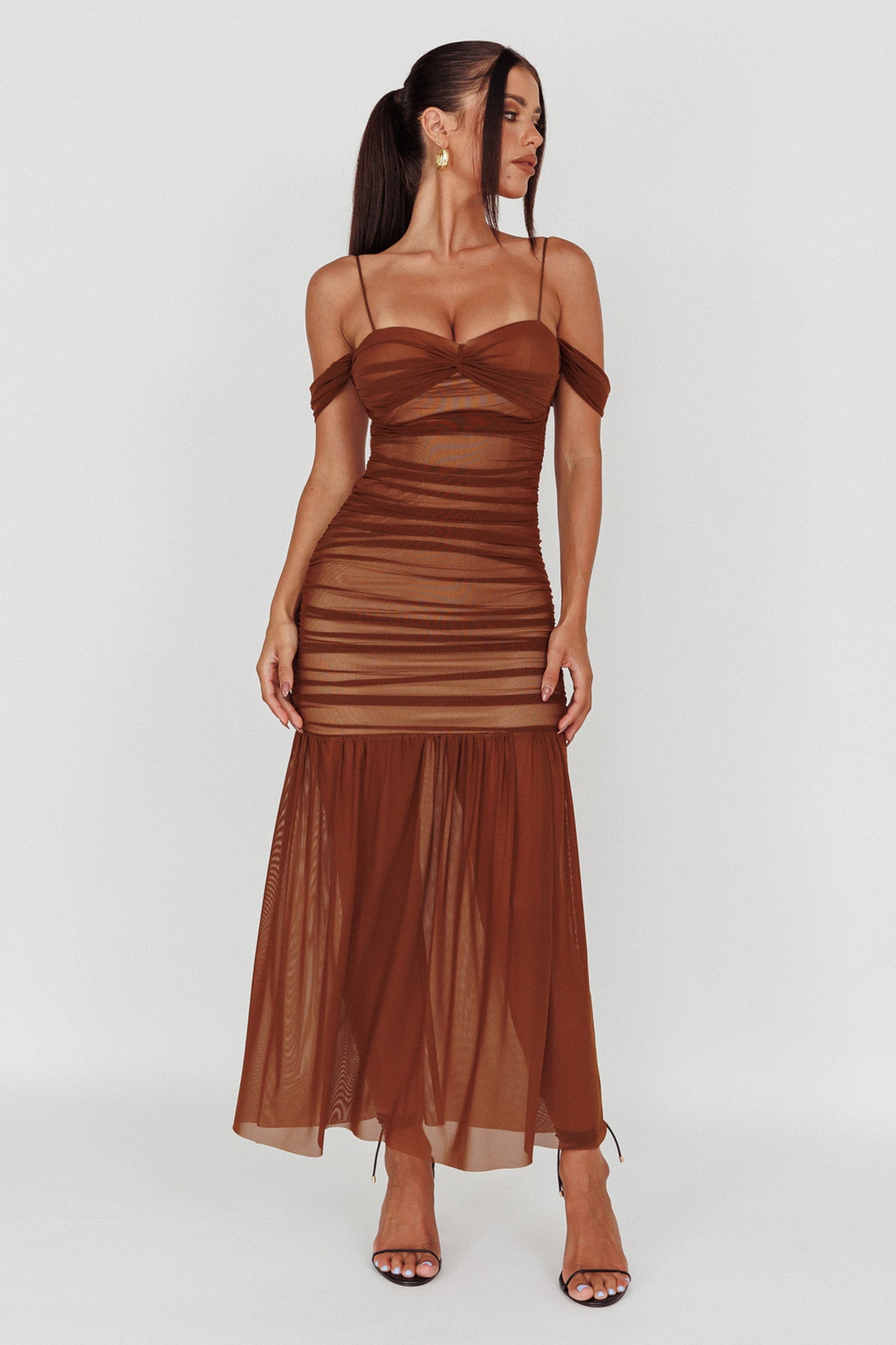 La Salle Ruched Mesh Maxi Dress Chocolate by Selfie Leslie Australia