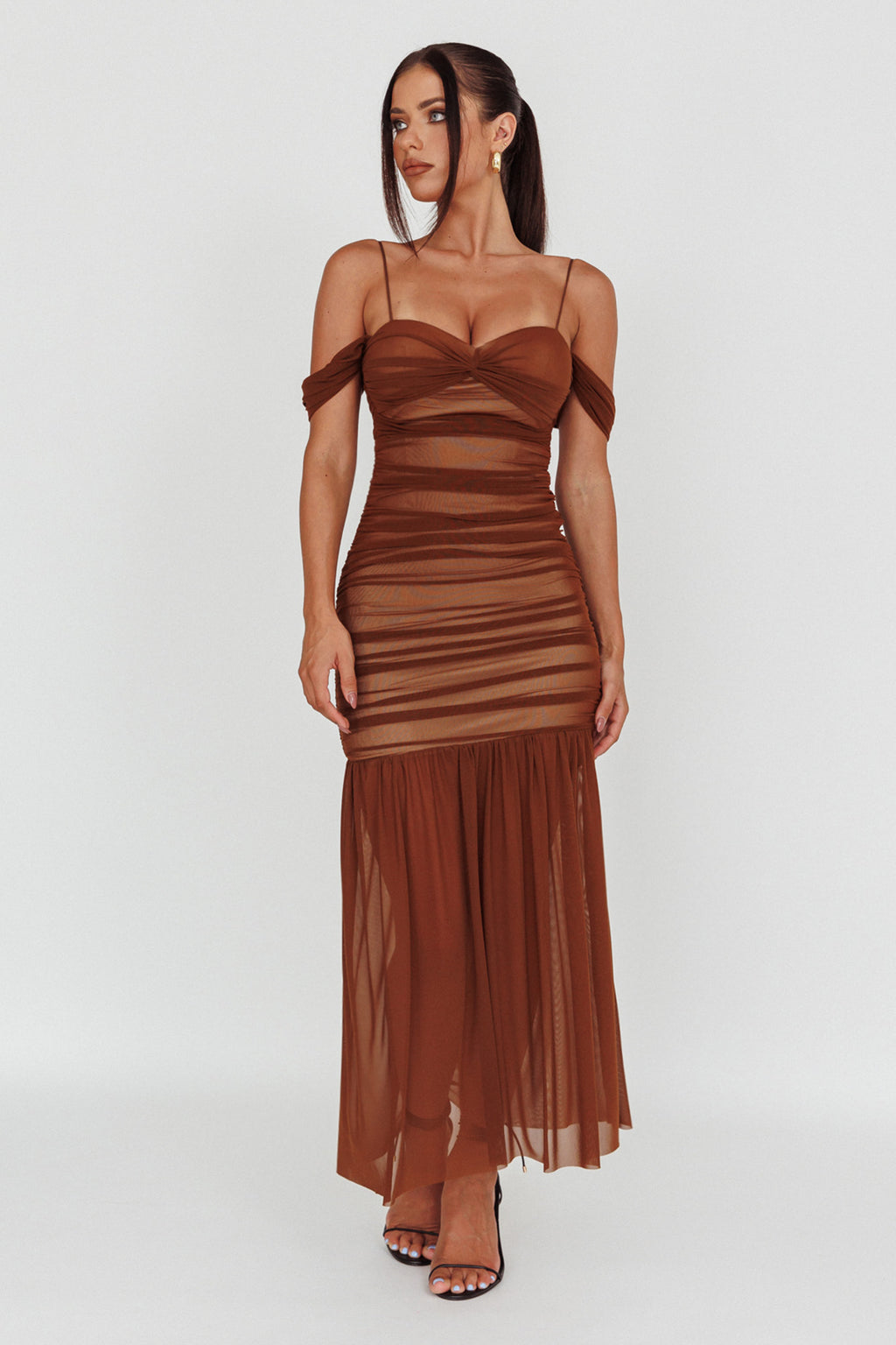 La Salle Ruched Mesh Maxi Dress Chocolate by Selfie Leslie Australia
