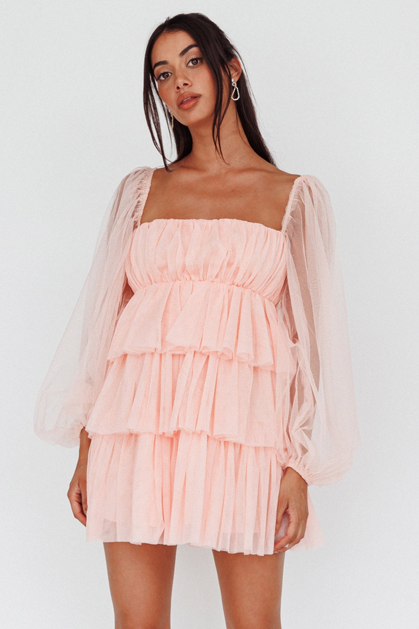 Spring Morning Long Sleeve Tiered Mini Dress Pink by Selfie Leslie Australia