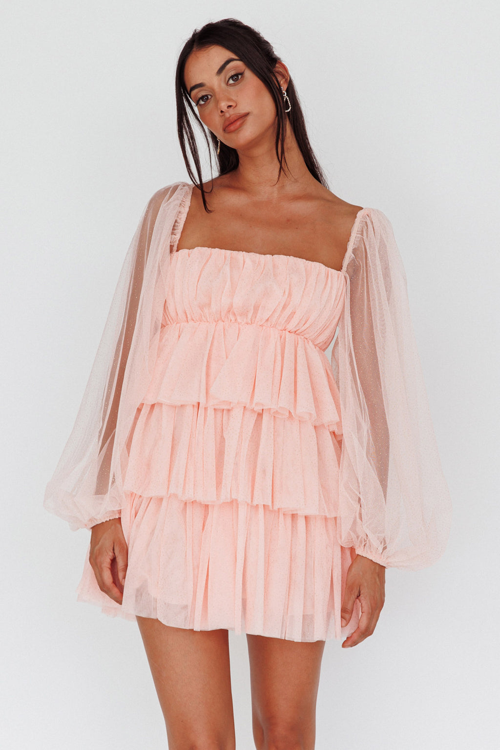 Spring Morning Long Sleeve Tiered Mini Dress Pink by Selfie Leslie Australia