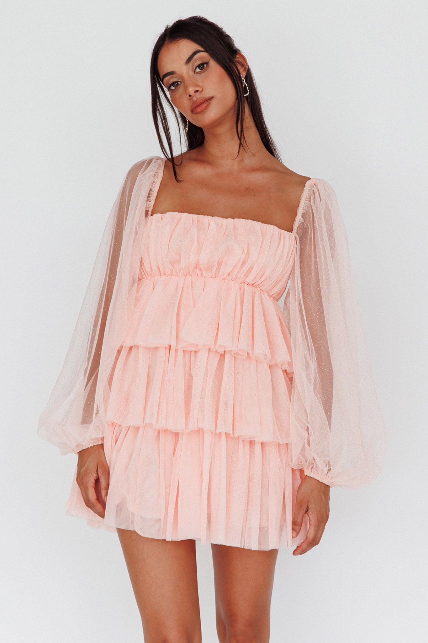 Spring Morning Long Sleeve Tiered Mini Dress Pink by Selfie Leslie Australia