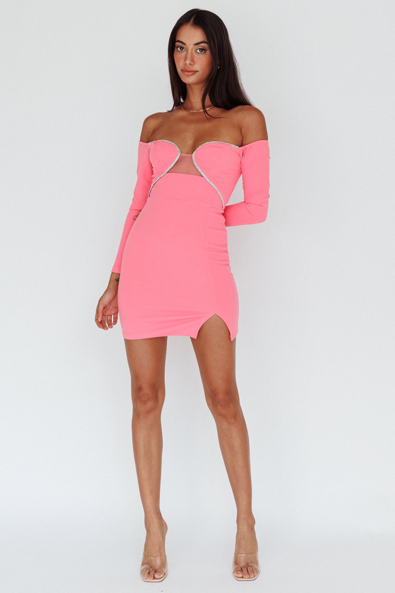 A-List Diamante Trim Long Sleeve Mini Dress Hot Pink by Selfie Leslie Australia