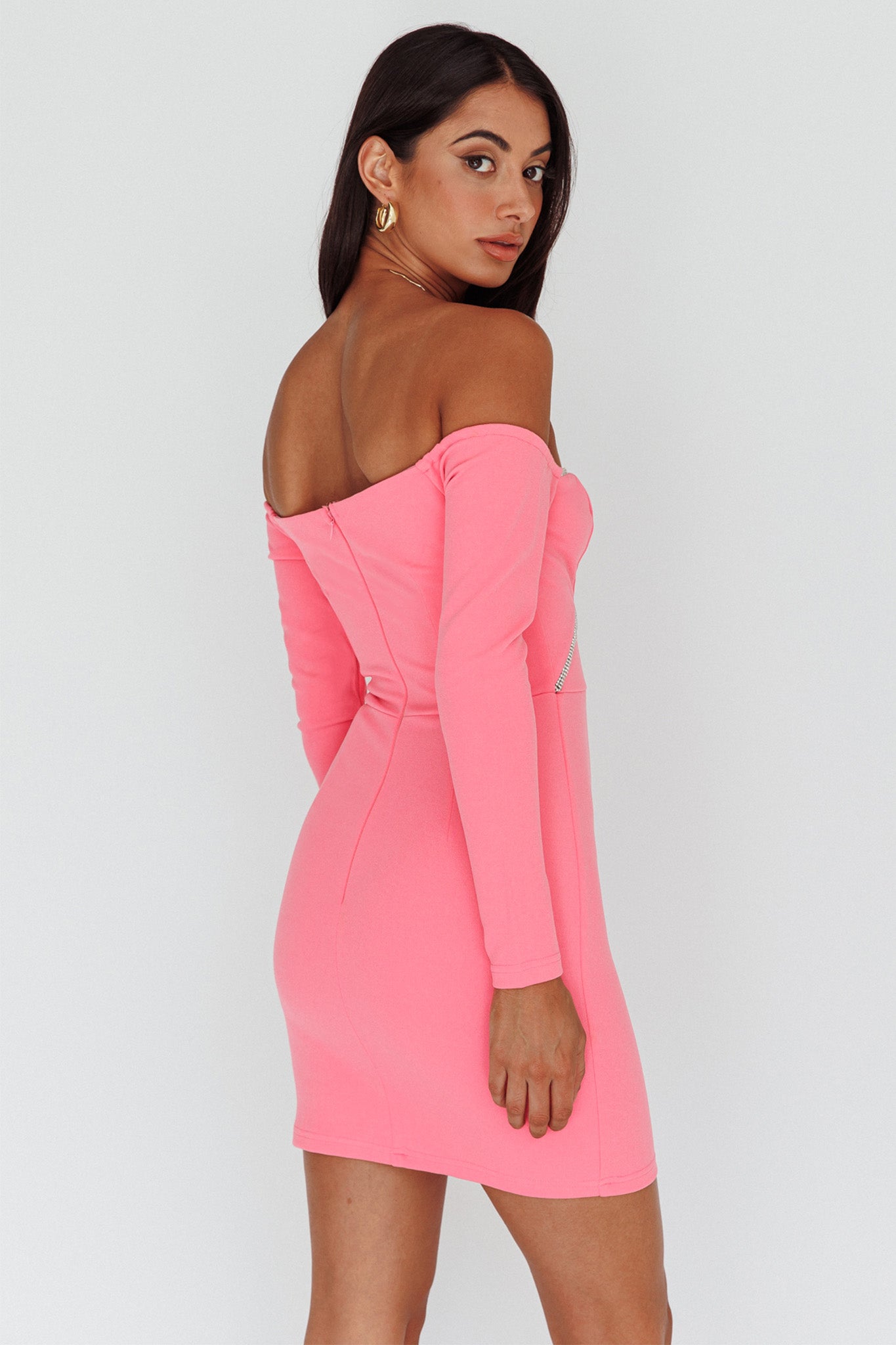A-List Diamante Trim Long Sleeve Mini Dress Hot Pink by Selfie Leslie Australia