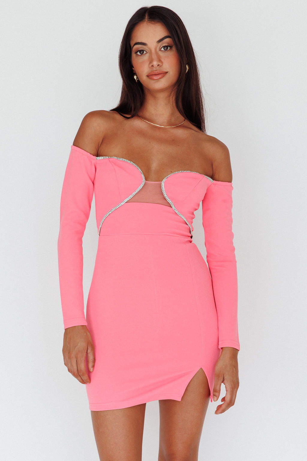 A-List Diamante Trim Long Sleeve Mini Dress Hot Pink by Selfie Leslie Australia