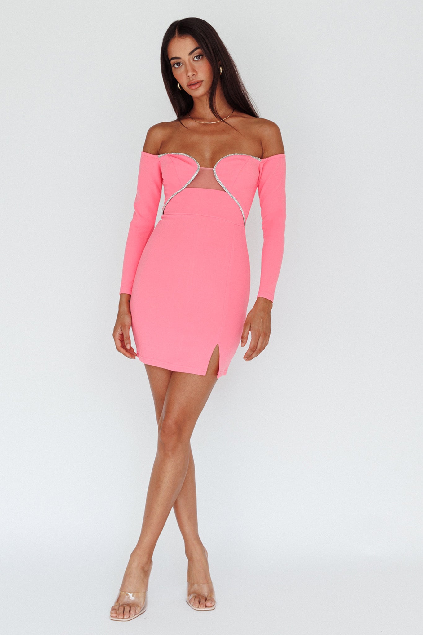 A-List Diamante Trim Long Sleeve Mini Dress Hot Pink by Selfie Leslie Australia