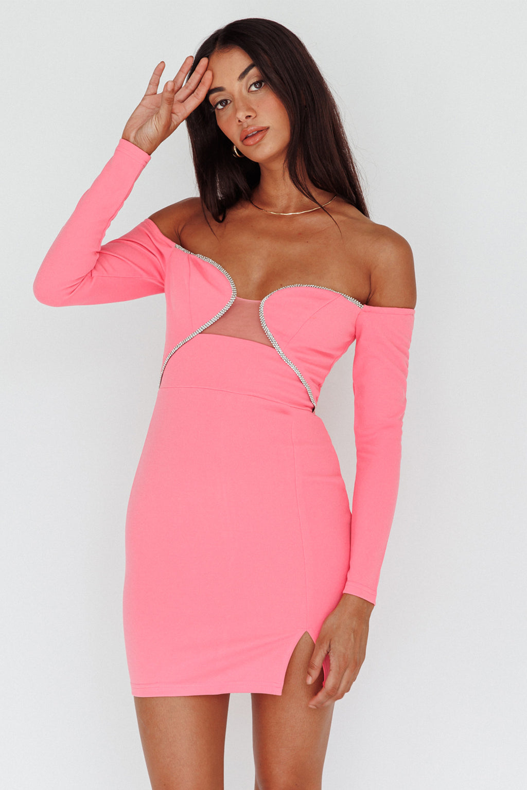 A-List Diamante Trim Long Sleeve Mini Dress Hot Pink by Selfie Leslie Australia