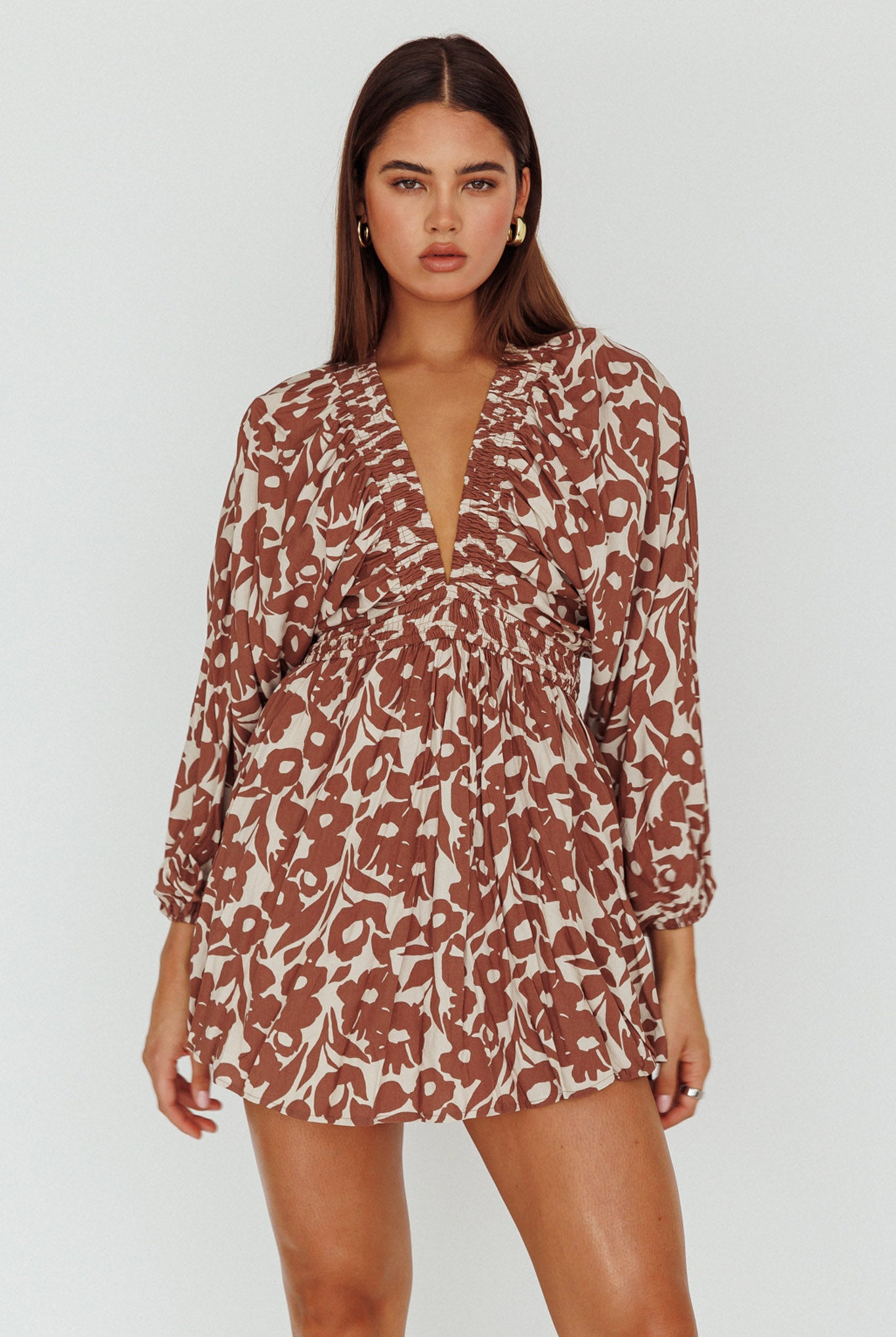 Going Your Way Long Sleeve Mini Dress Floral Brown by Selfie Leslie Australia