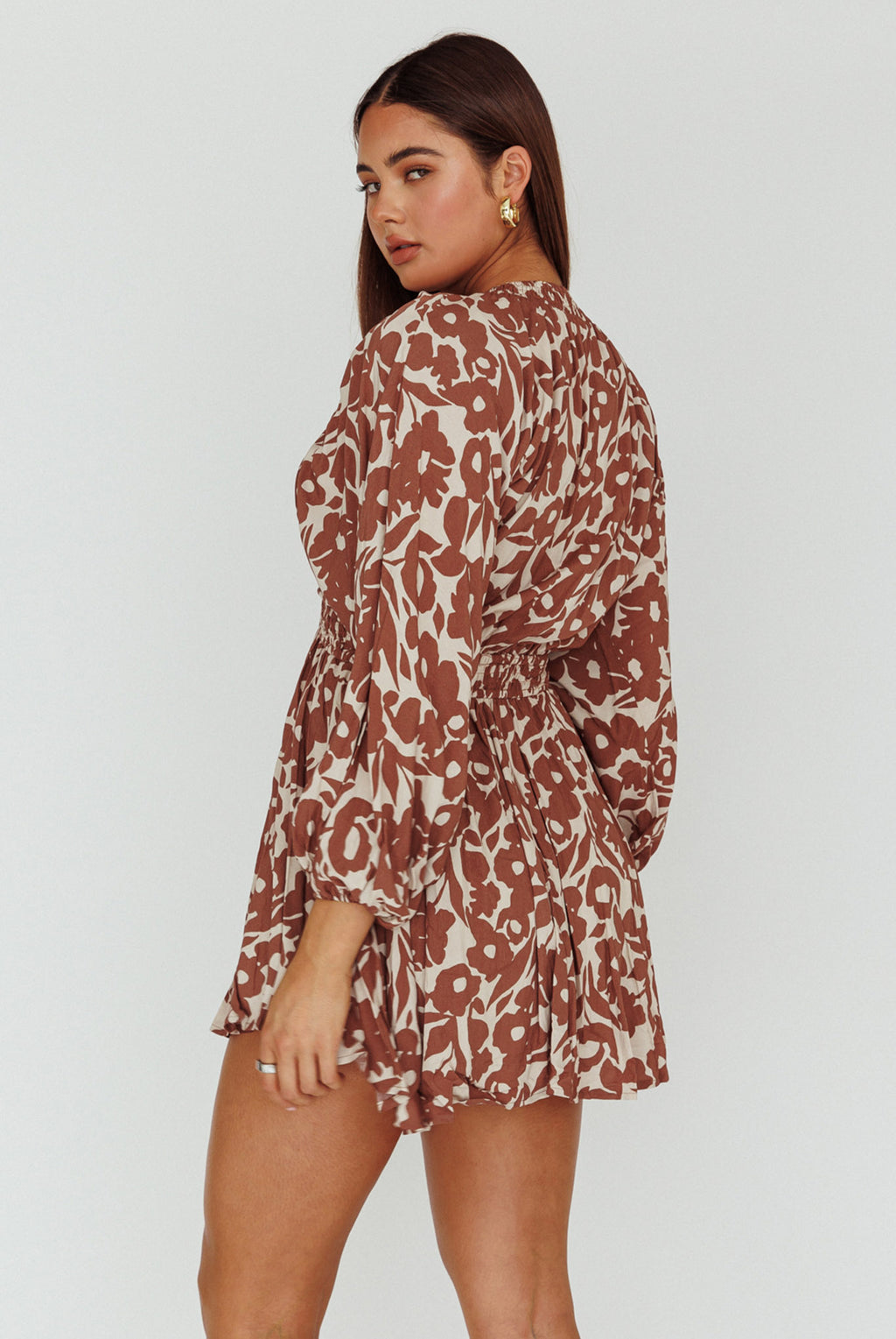 Going Your Way Long Sleeve Mini Dress Floral Brown by Selfie Leslie Australia