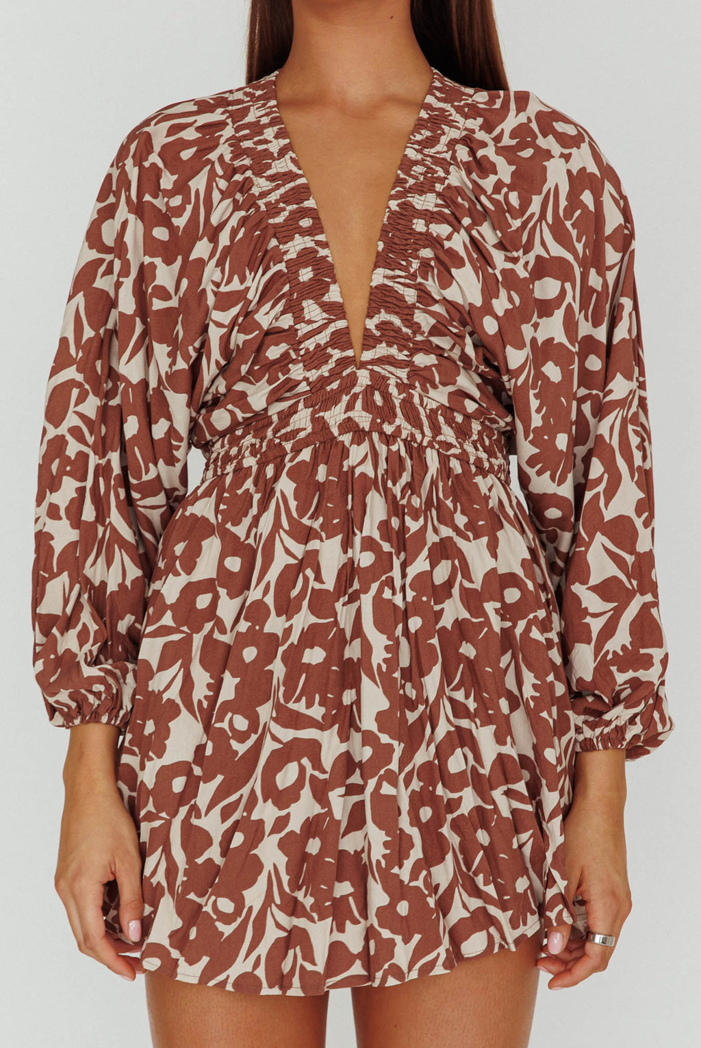 Going Your Way Long Sleeve Mini Dress Floral Brown by Selfie Leslie Australia
