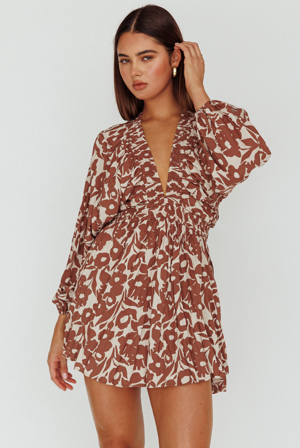 Going Your Way Long Sleeve Mini Dress Floral Brown by Selfie Leslie Australia
