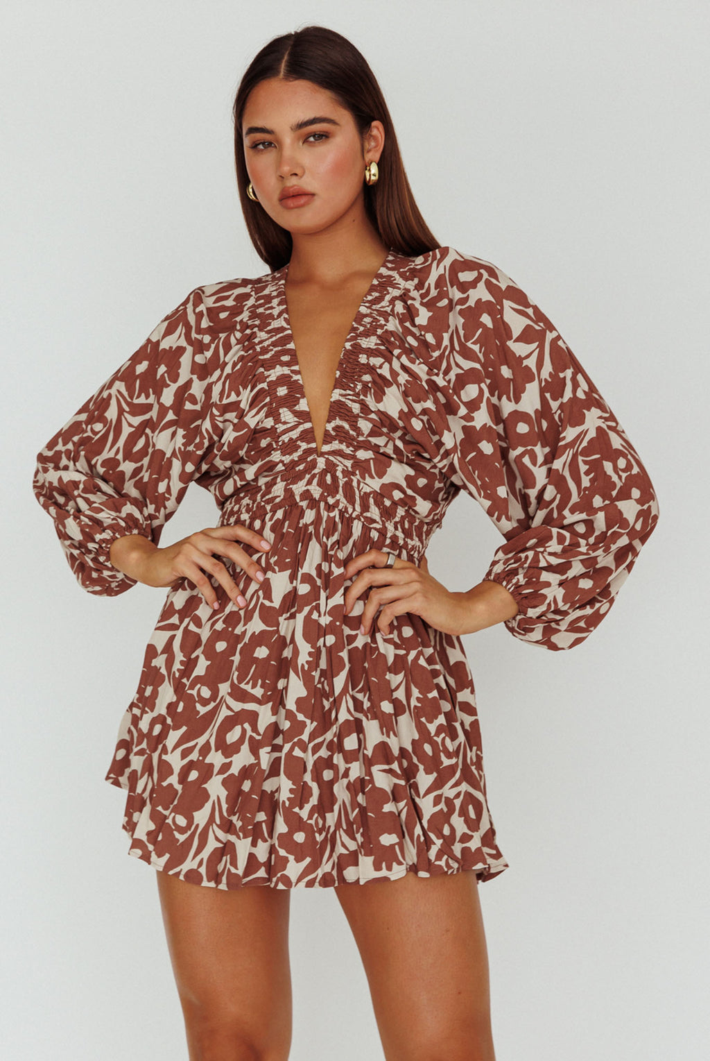 Going Your Way Long Sleeve Mini Dress Floral Brown by Selfie Leslie Australia