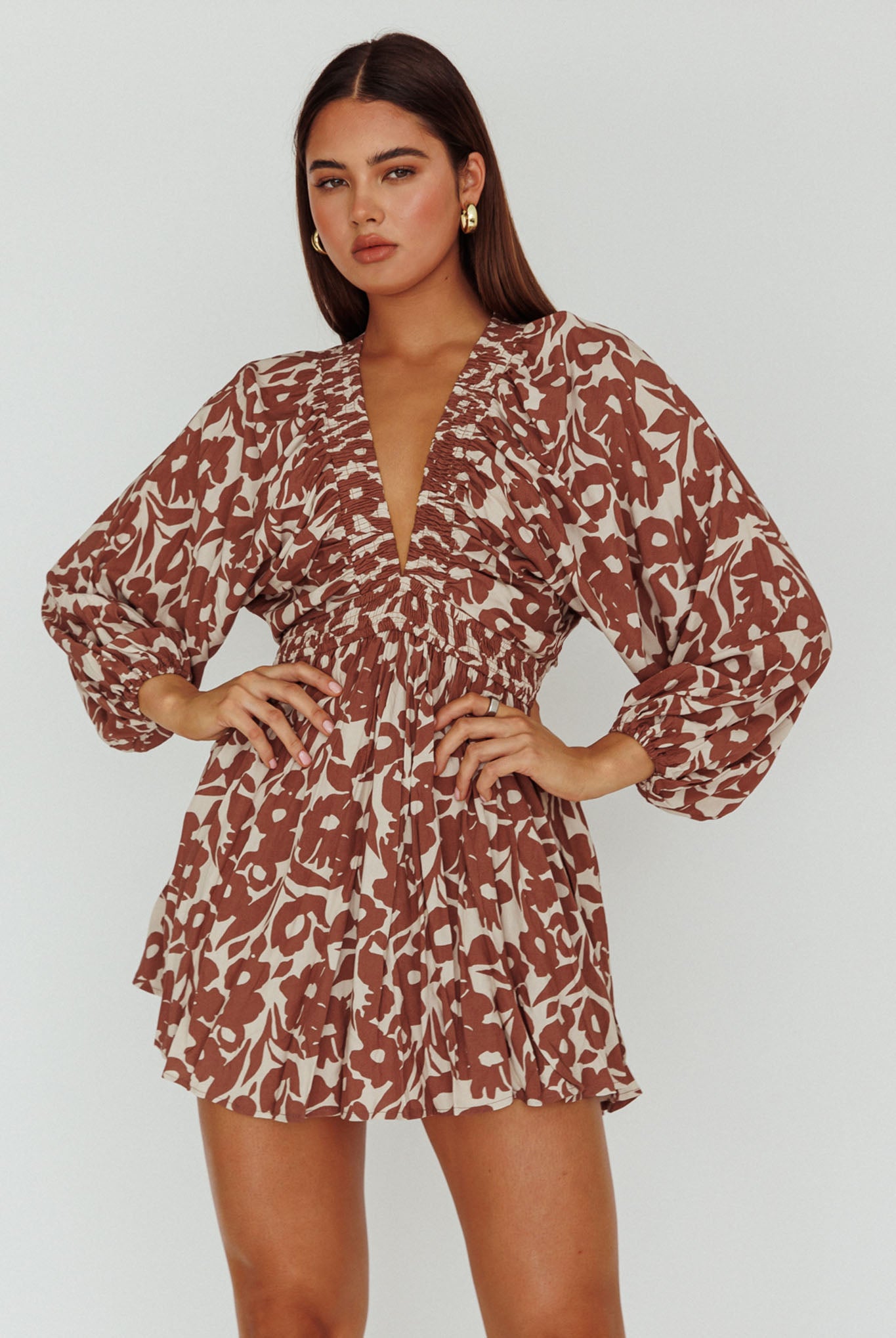 Going Your Way Long Sleeve Mini Dress Floral Brown by Selfie Leslie Australia