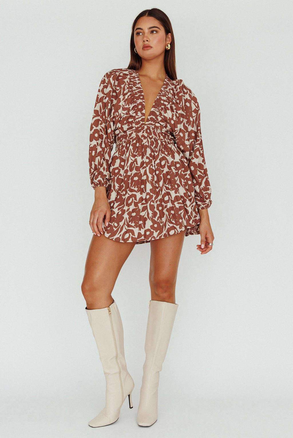 Going Your Way Long Sleeve Mini Dress Floral Brown by Selfie Leslie Australia
