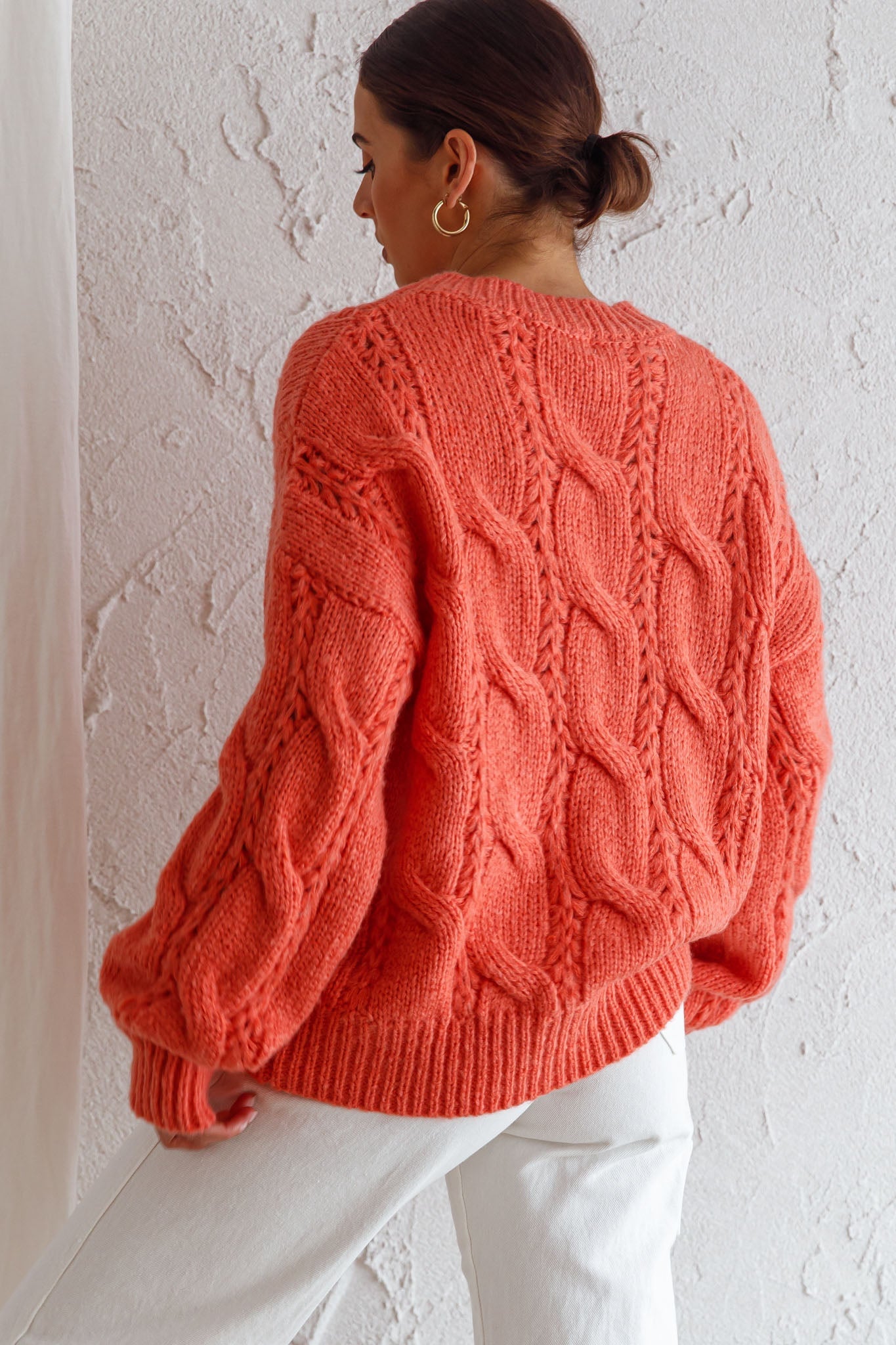 Nicola Long Sleeve Chunky Cable Knit Sweater Peach by Selfie Leslie