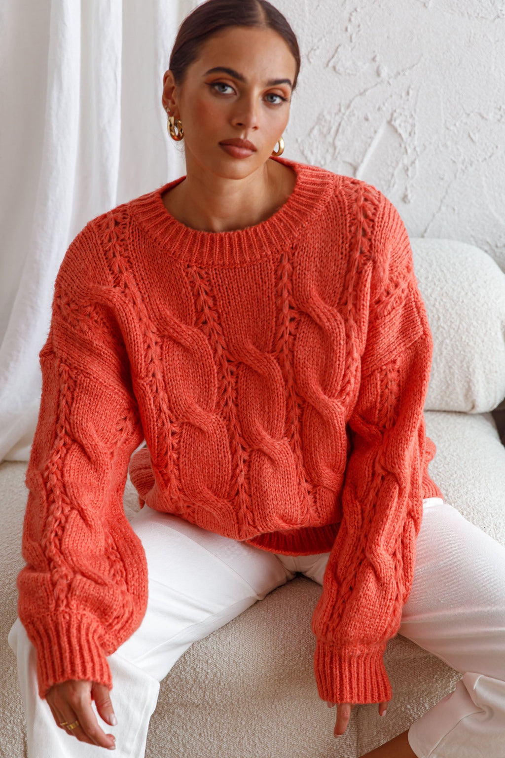 Nicola Long Sleeve Chunky Cable Knit Sweater Peach by Selfie Leslie