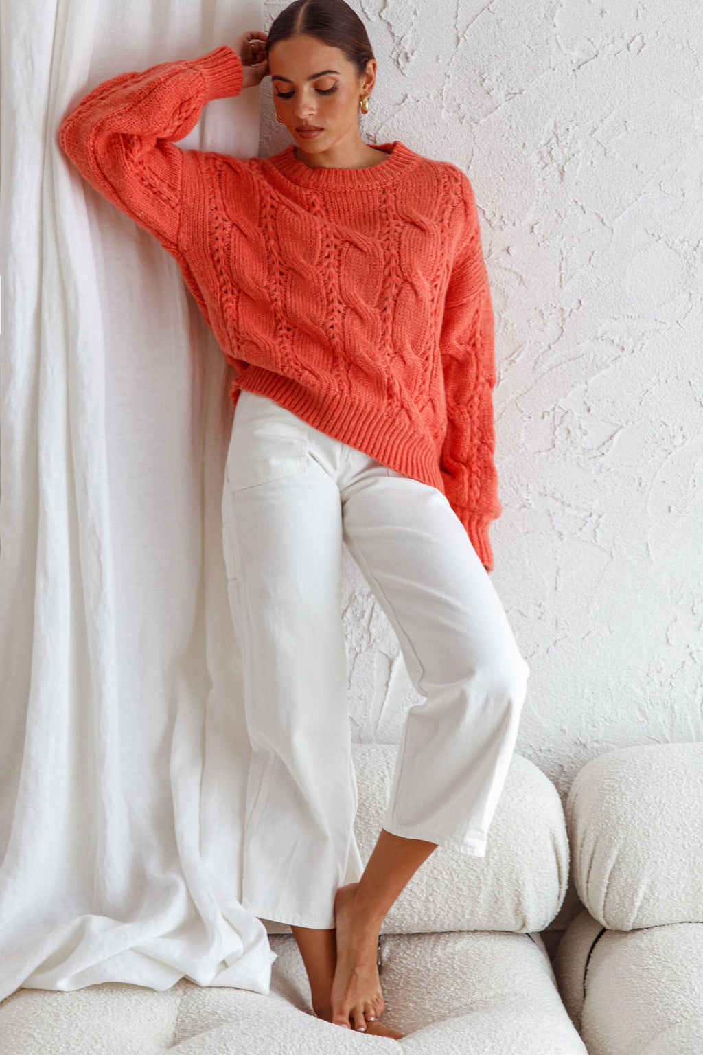 Nicola Long Sleeve Chunky Cable Knit Sweater Peach by Selfie Leslie